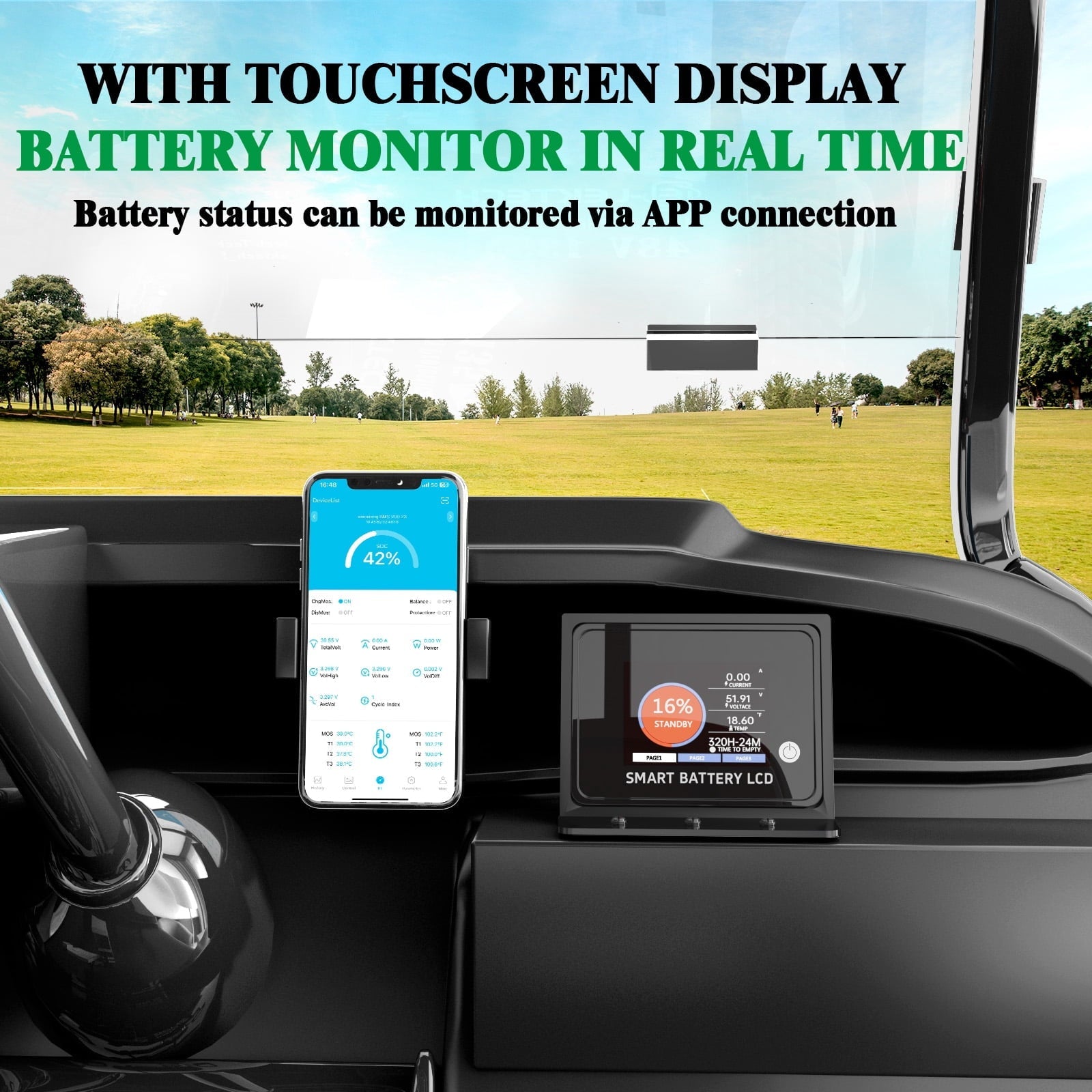36V 100Ah Lithium Golf Cart Battery, with Touch Monitor & Mobile APP, 200A BMS, 3840Wh Energy, Perfect for Golf Carts, Solar