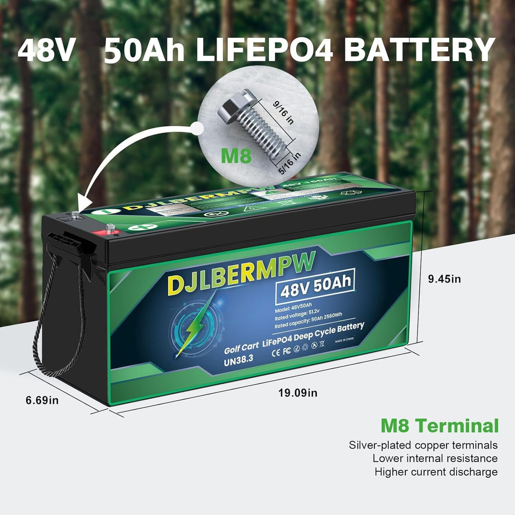 48V 50Ah LiFePO4 Lithium Battery, Built-in 50A BMS 2560Wh,15000 Deep Cycle 48V Golf Cart Lithium Battery for Off Grid, RV, Solar