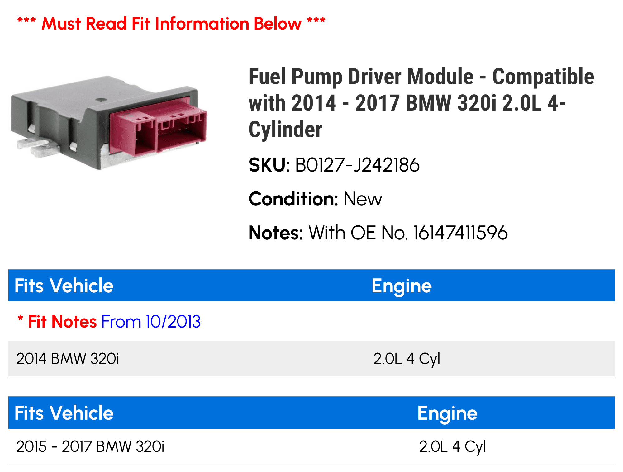 Fuel Pump Driver Module - Compatible with 2014 - 2017 BMW 320i 2.0L 4-Cylinder 2015 2016