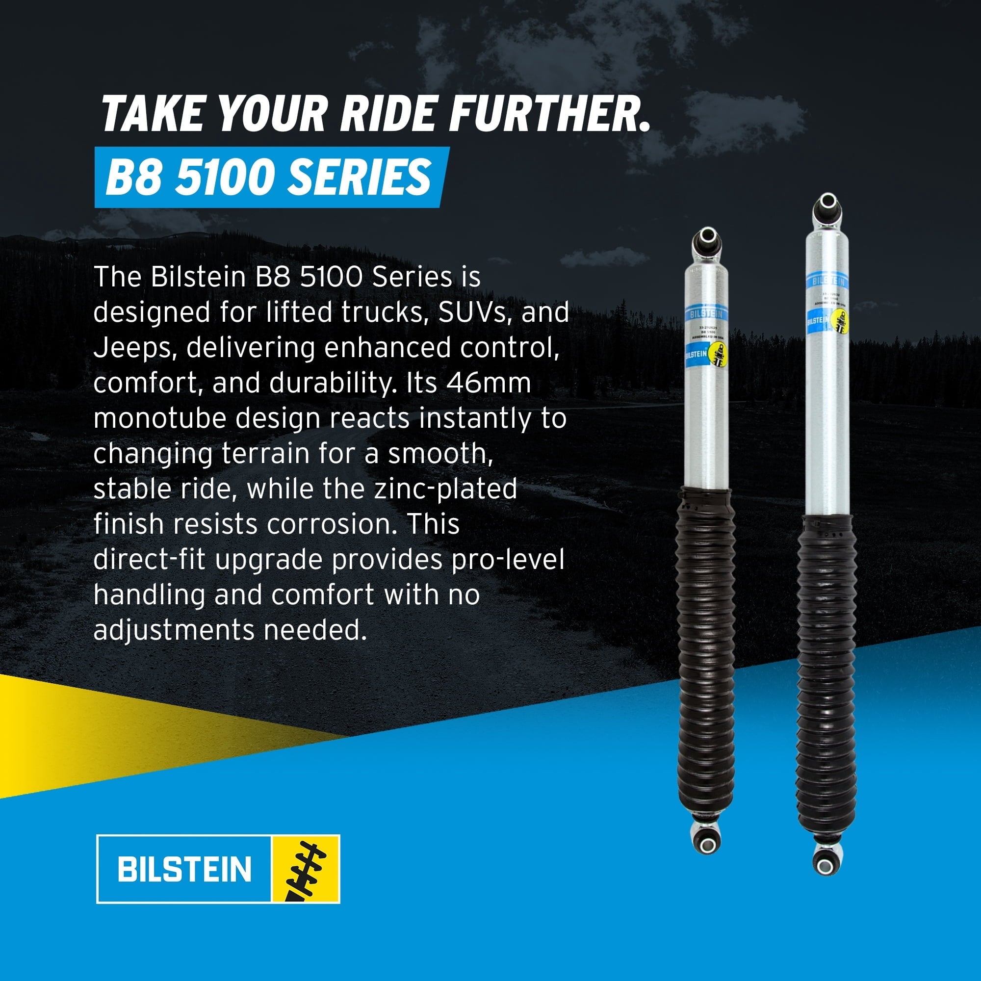 Bilstein Set of Front and Rear B8 5100 Series Shocks with Steering Stabilizer Compatible with 2020-2025 Wrangler with 2-3 Rear Lift