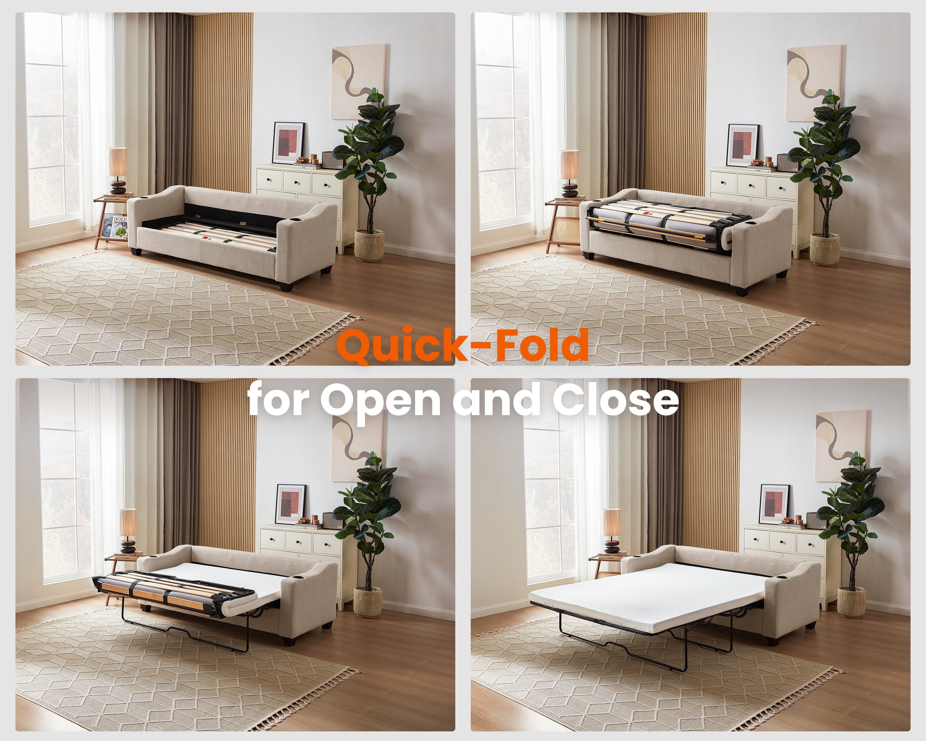 CHIC HOUSE Pull Out Sofa Bed Couch Queen Size with Mattress USB, Convertible Sleeper Sofa Loveseat for Small Spaces RV, Corduroy Pull Out Couch Bed for Living Room with Cup Holders LED Lights, Beige