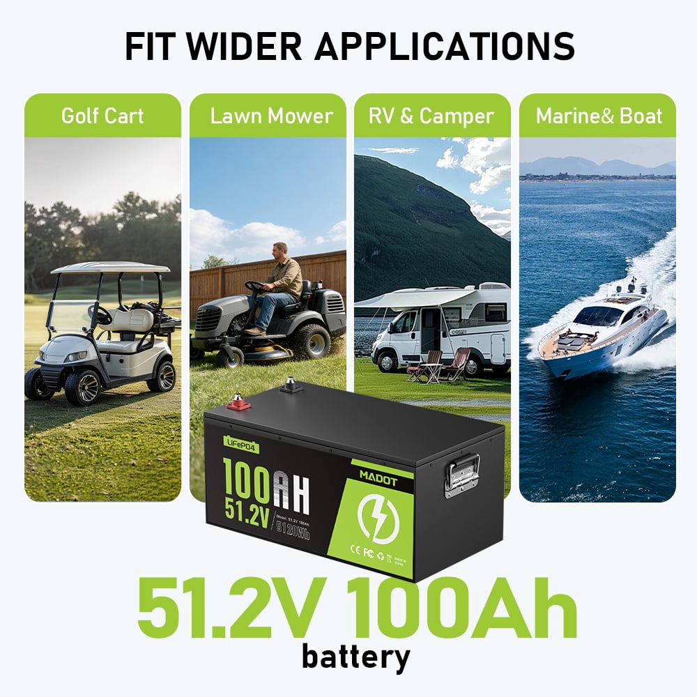 Lifepo4 Battery 100Ah 48V Lithium Golf Cart Battery 200A Smart BMS, 5.12kWh Capacity, 15000+ Cycles Deep Cycle, Perfect Golf Cart Batteries for Solar, RV and Off-Grid Use