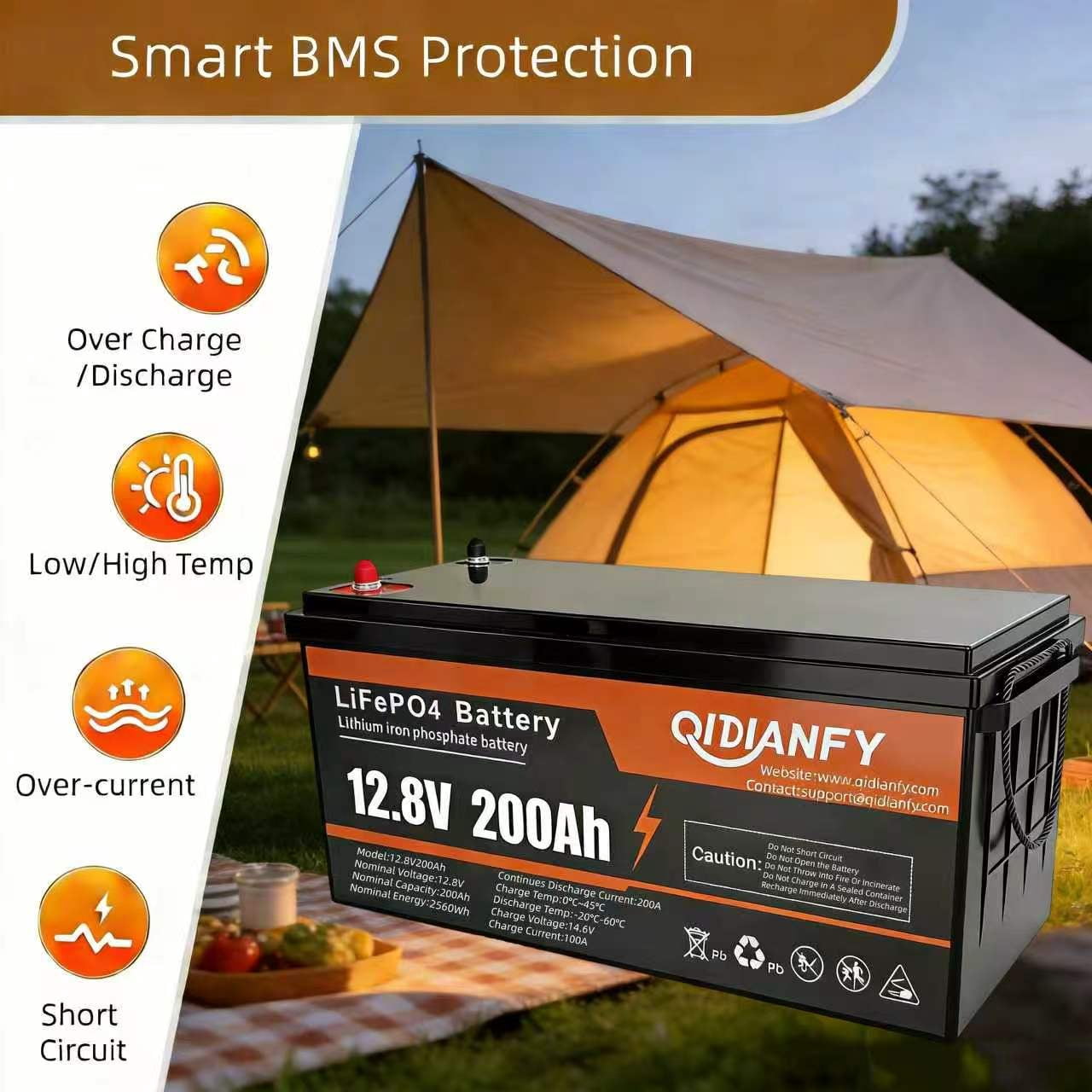 12V 200Ah LiFePO4 Lithium Battery, 200A BMS, 2560Wh Energy, 15000+ Deep Cycles, Ideal for RV, Solar, Home Energy Storage and Off-Grid Camping