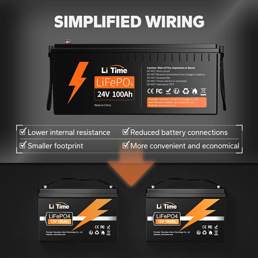 LiTime 24V 100Ah LiFePO4 Lithium Battery, 4000+ Deep Cycle, Built-in 100A BMS for RV, Trolling Motor, Marine, Solar, Off-grid