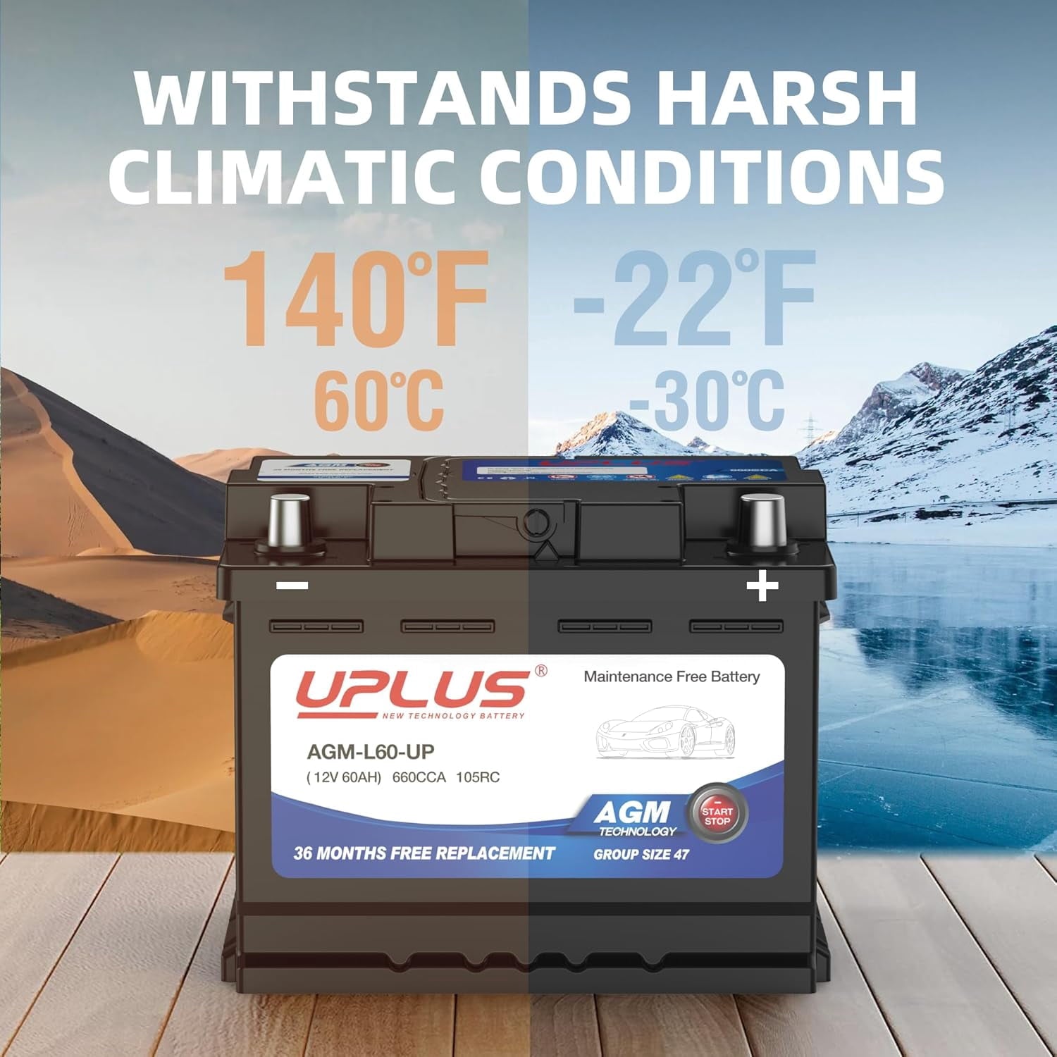 UPLUS Group Size 47 AGM Car Battery,H5 L2 12V 60Ah 660CCA 100RC Maintenance Free Start and Stop Automotive Replacement Battery