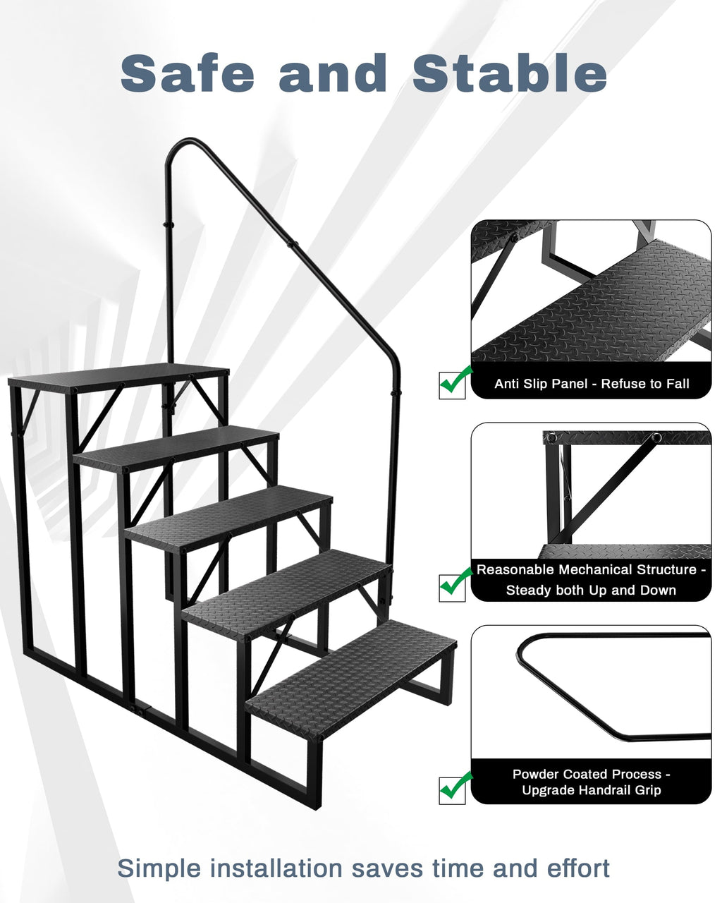 Fruyyzl Black 5 Step, 52.83 in x 68.11 in, Metal RV Steps, Anti-Slip with Wrenches