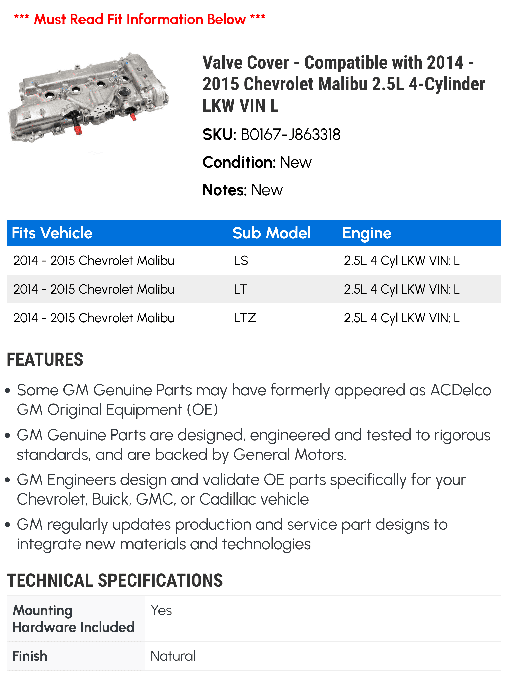 Valve Cover - Compatible with 2014 - 2015 Chevrolet Malibu 2.5L 4-Cylinder LKW VIN L - AC Delco