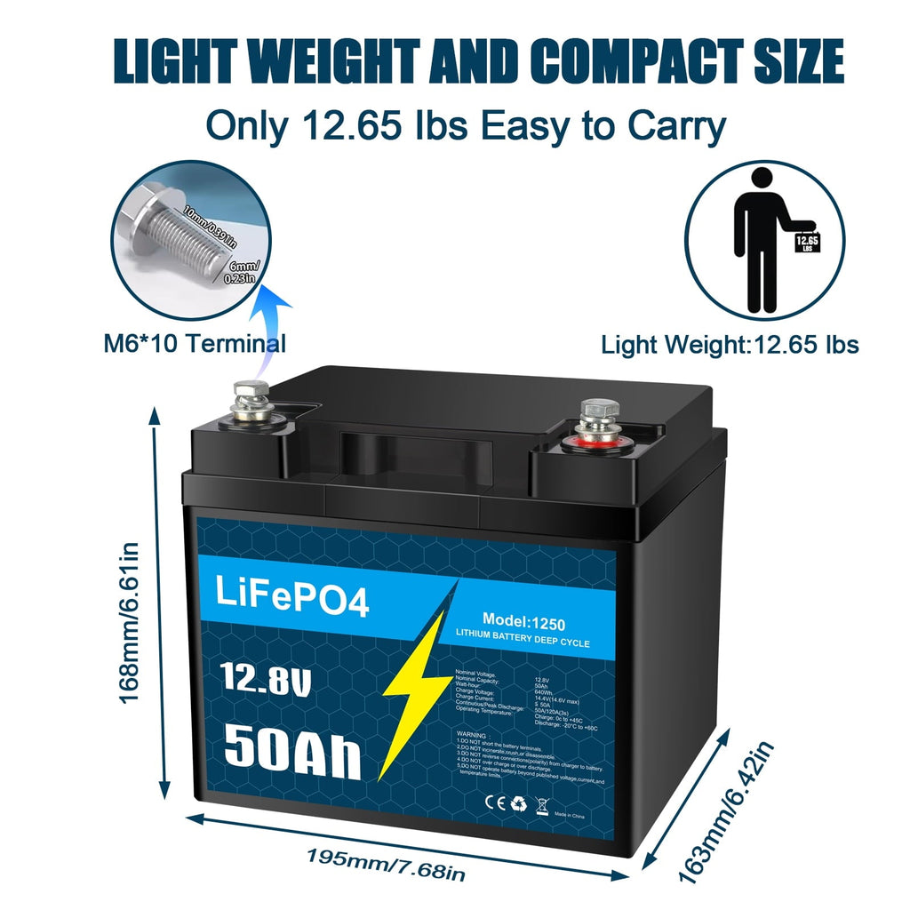 12V 50Ah LiFePO4 Lithium Battery with Smart BMS for RV, Solar, Trolling Motor