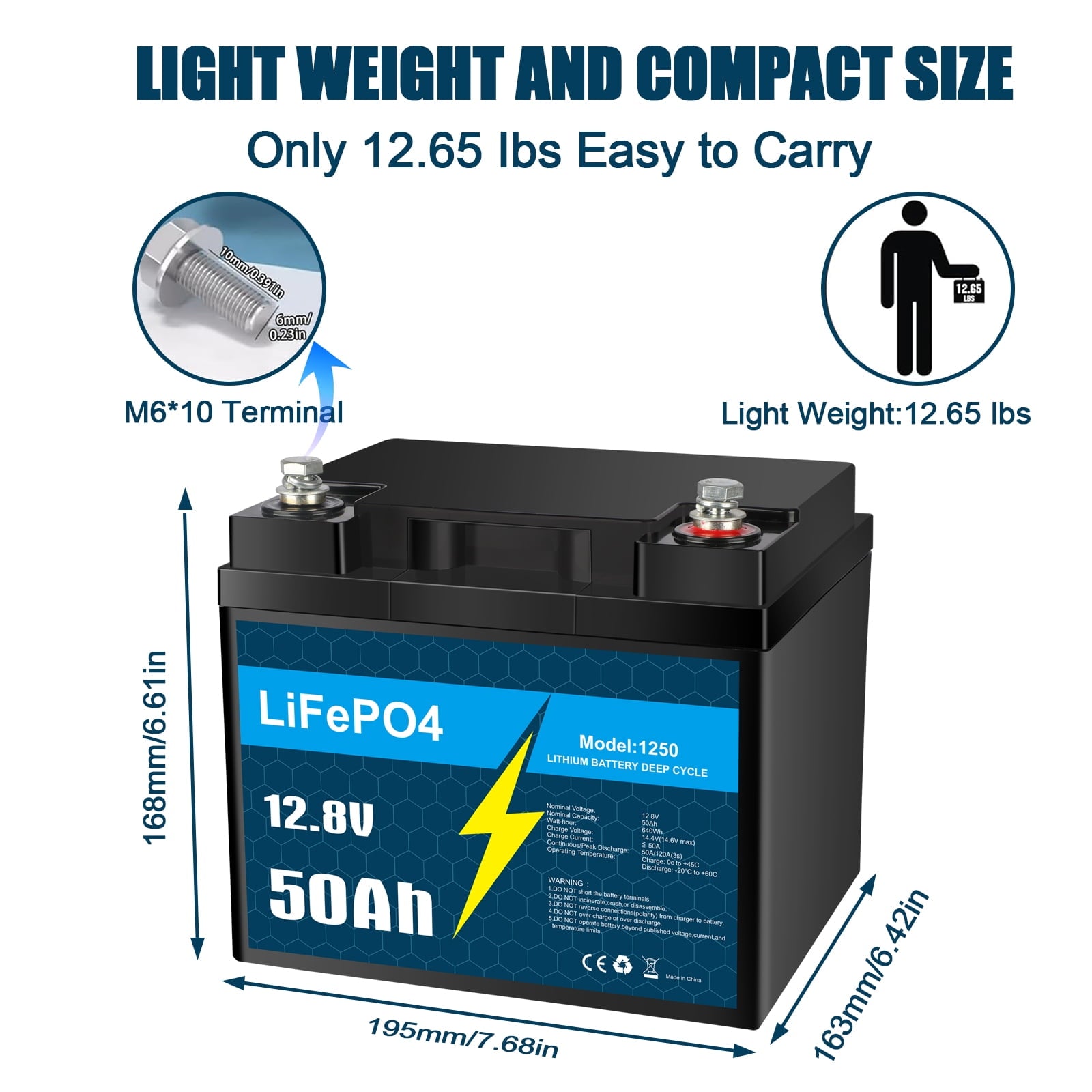 12V 50Ah LiFePO4 Lithium Battery with Smart BMS for RV, Solar, Trolling Motor
