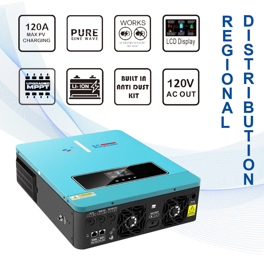 CNSWIPOWER 4000VA 3600W Hybrid Inverter,24V DC to 110V/120V AC,Pure Sine Wave, Single with 120A MPPT Controller,Supports Parallel Connection, Compatible with 24V LiFePO4/Li/GEL/AGM Batteries