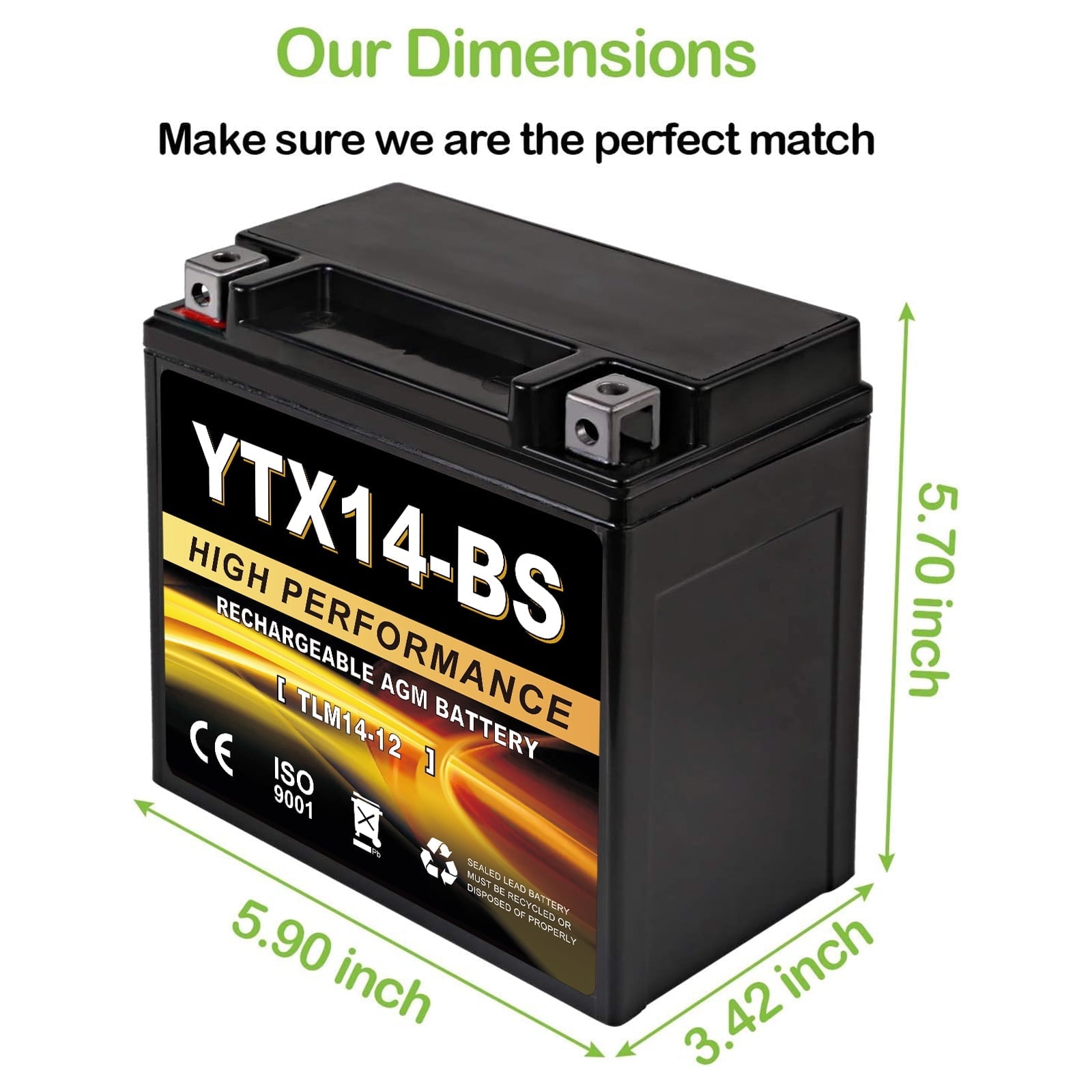 Anlibatt YTX14-BS Motorcycle Battery 12V 12Ah 200CCA Rechargeable Sealed Batteries Powersport Replacement for ATV, Scooter, Jet ski, Dirt Bike