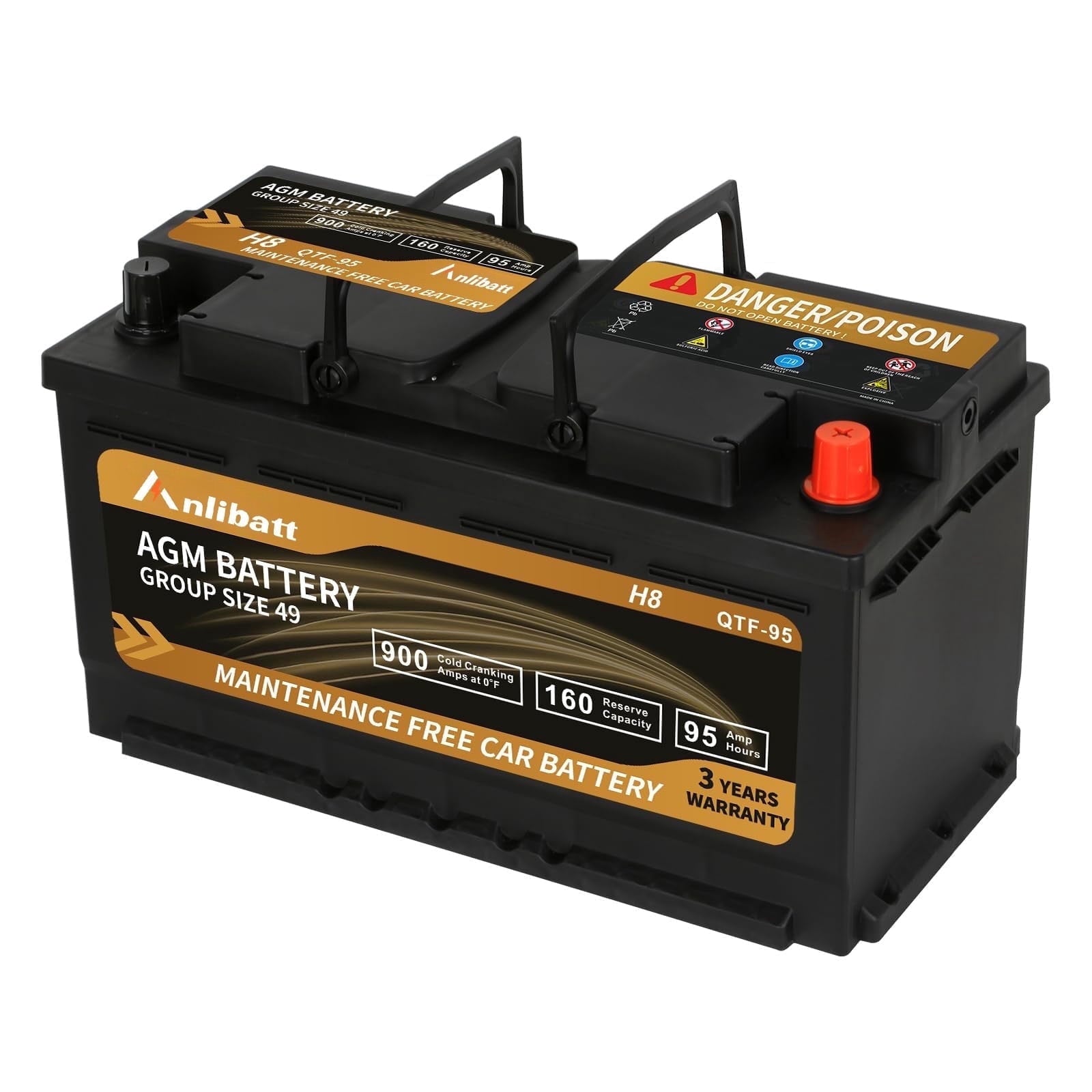 Anlibatt Platinum AGM Group 49 Battery, 12 Volt Rechargeable Automotive Batteries for Car, H8 900CCA 95Ah 160RC