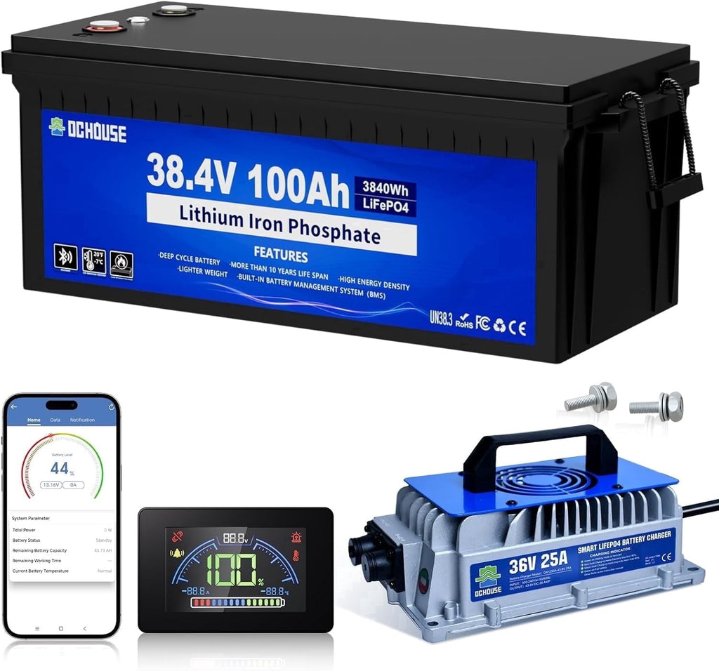 DC HOUSE Upgraded 36V 100Ah Lithium Golf Cart Battery w/Switch, Lifepo4 Battery with 36V 25A Charger, Bluetooth & LCD Monitor, 200A BMS, Peak Current 670A,for Trolling Motors,Marine