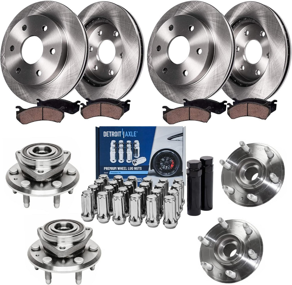 Detroit Axle - Front & Rear Disc Rotors Brake Pads Wheel Hubs + 24pc Lug Nuts w/key Replacement for Enclave Traverse Acadia - 38pc Set