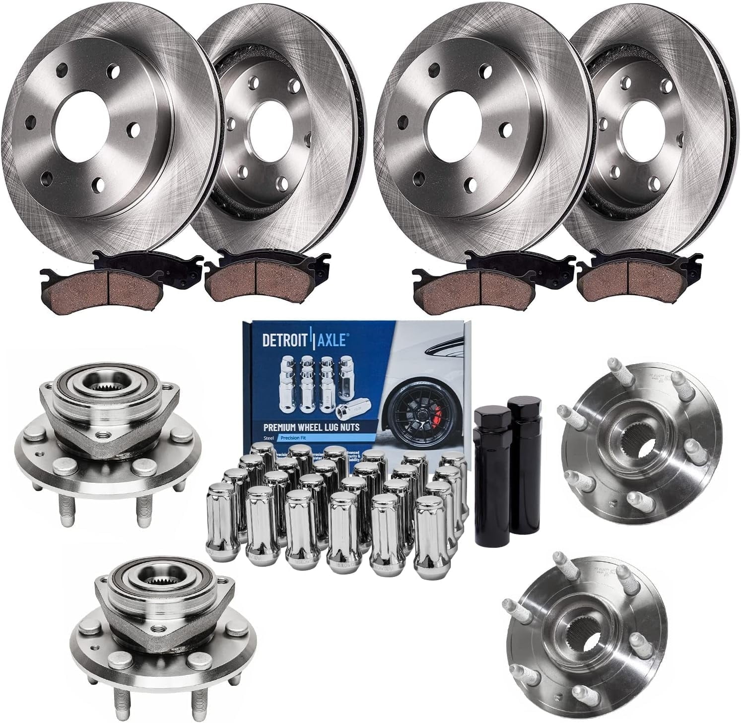 Detroit Axle - Front & Rear Disc Rotors Brake Pads Wheel Hubs + 24pc Lug Nuts w/key Replacement for Enclave Traverse Acadia - 38pc Set