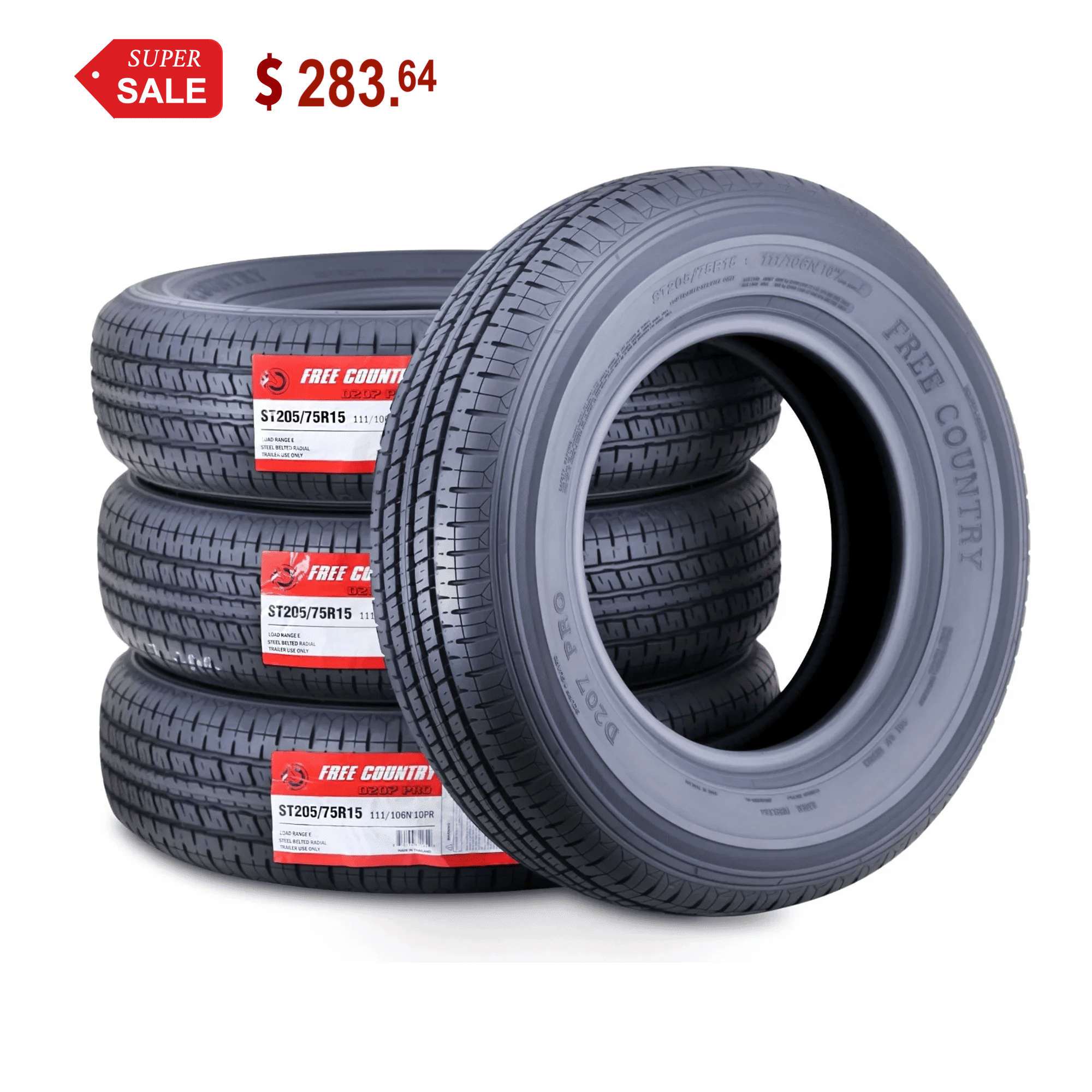 Free Country Heavy Duty ST205/75R15 10PR Load Range E Steel Belted Radial w/Scuff Guard Trailer Tire, Set of 4