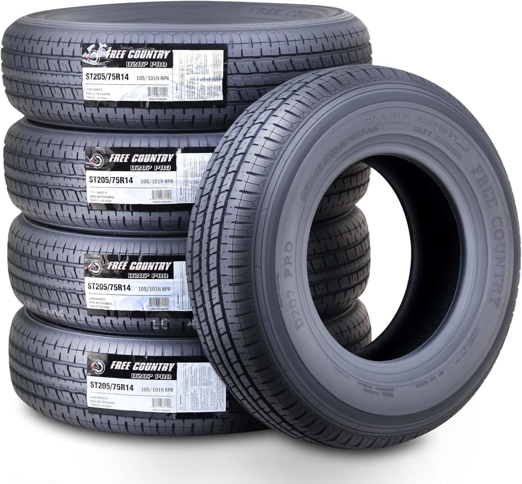FREE COUNTRY New Premium Trailer Tires ST 205/75R14 / 8PR Load Range D Steel Belted w/Scuff Guard, Set 5