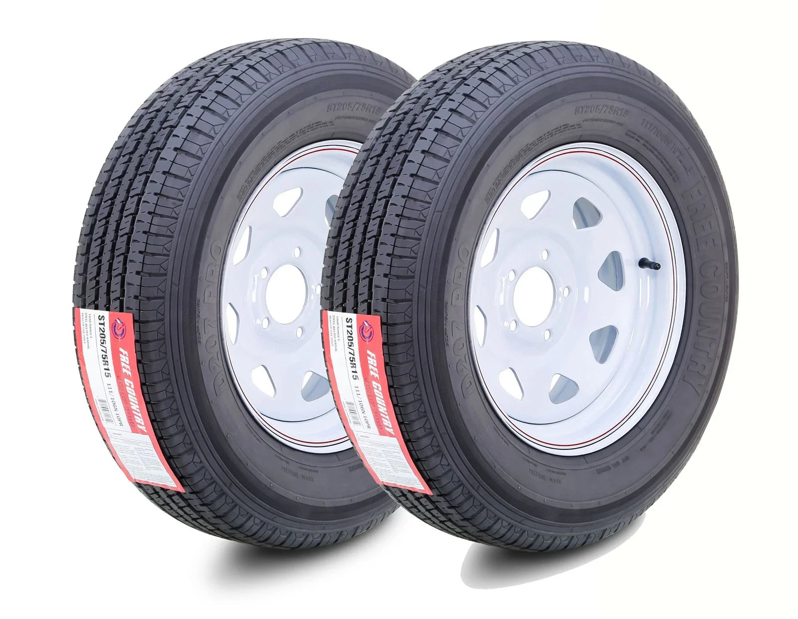 FREE COUNTRY Trailer Tire Wheel Assembly ST205/75R15 10-Ply E 110M Heavy Duty 2400lbs w/ 5 Lug on 4.5 PCD White Spoke Rim ,SET 2