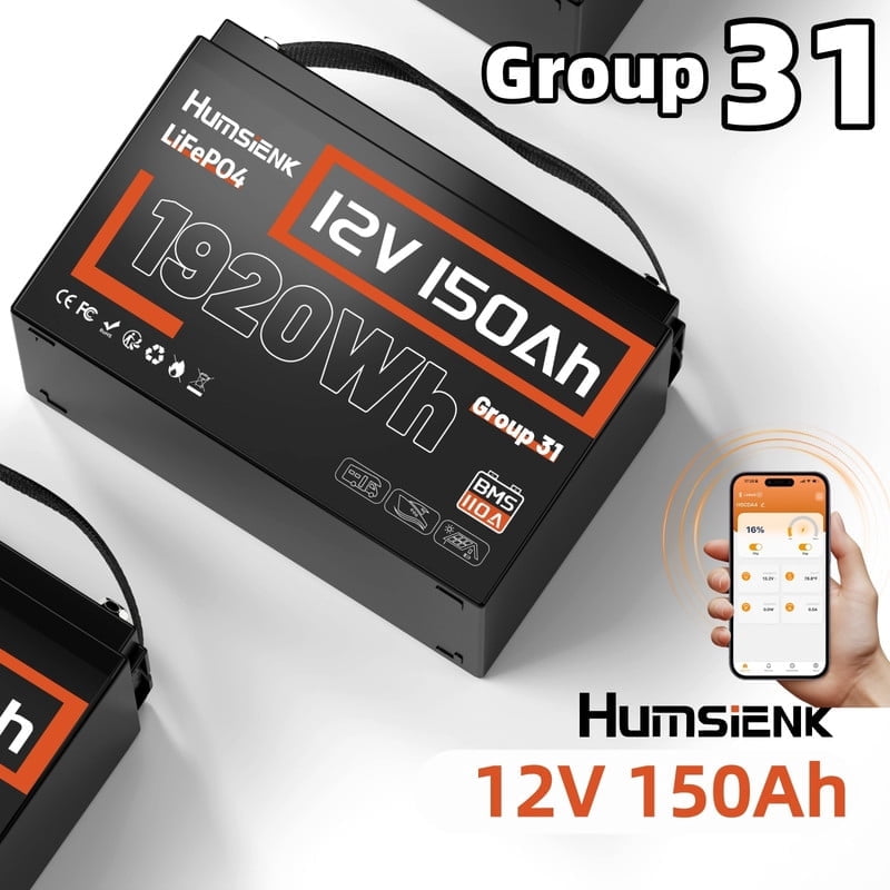 HumsiENK 12V 150Ah LiFePO4 Battery Group 31 Lithium Battery with Bluetooth Deep Cycle Battery 110A BMS, 15000+ Cycles for Solar, RV, Marine, Off-Grid, Travel Trailers – Lightweight