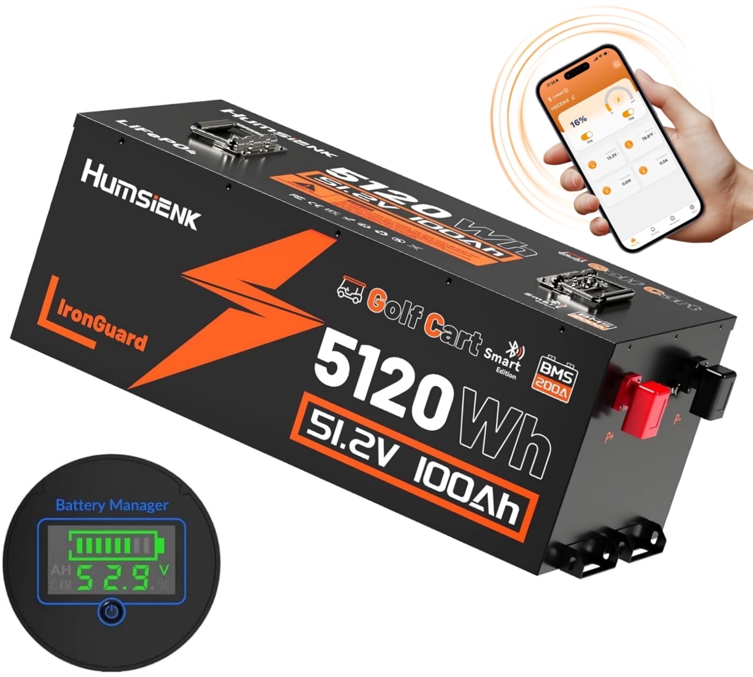 HumsiENK 48V 100Ah Lithium Golf Cart Battery Bluetooth, Cylindrical Cell & Metal Case, 15000+ Cycles Golf Cart LiFePO4 Battery, 200A BMS with Low-Temp Protection for Golf Cart, Solar, RV, Off-Grid