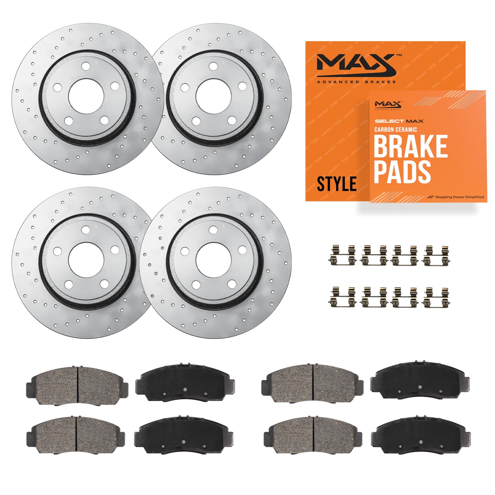 MAX Advanced Brakes - Brake Kit For 2017-2023 Honda CR-V (Excl.l. Hybrid Engine Model)| Carbon Ceramic Brake Pad and Rotor Kit Front and Rear| Geomet Coated Cross-Drilled Brake Rotors