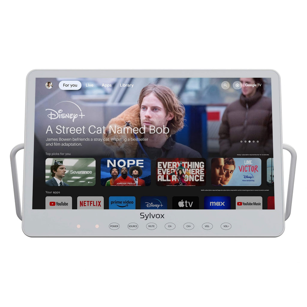 Sylvox Waterproof Portable TV,15.6Smart Google TVs with 1080P,4-6H Play Time,IP66 Waterproof,12 Volt Television with Voice Remote for RV Camping