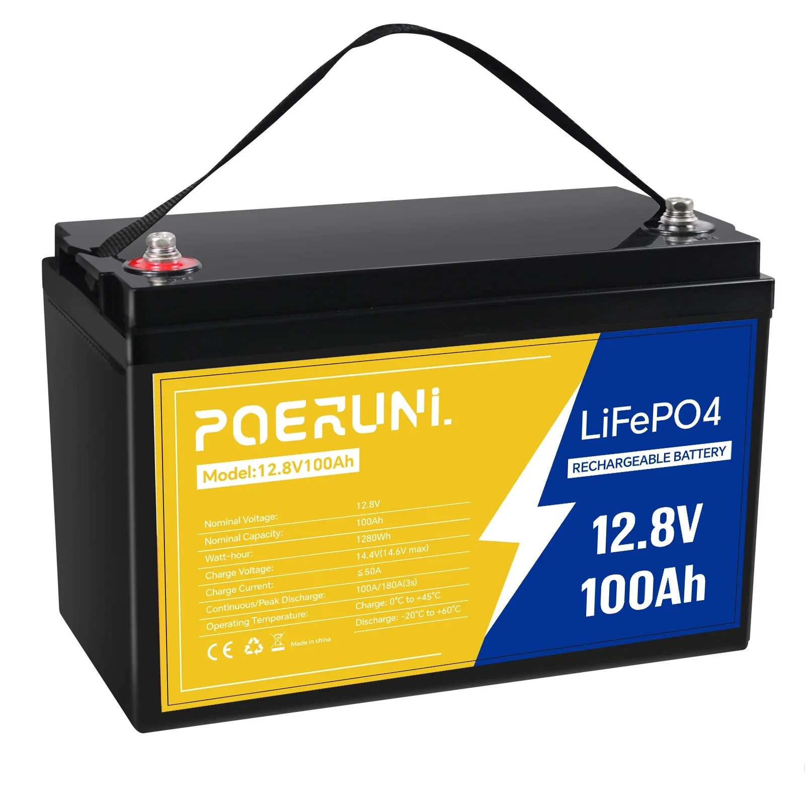 POERUNI 12V 100Ah LiFePO4 Battery Deep Cycle Lithium Iron for RV Solar System Camper