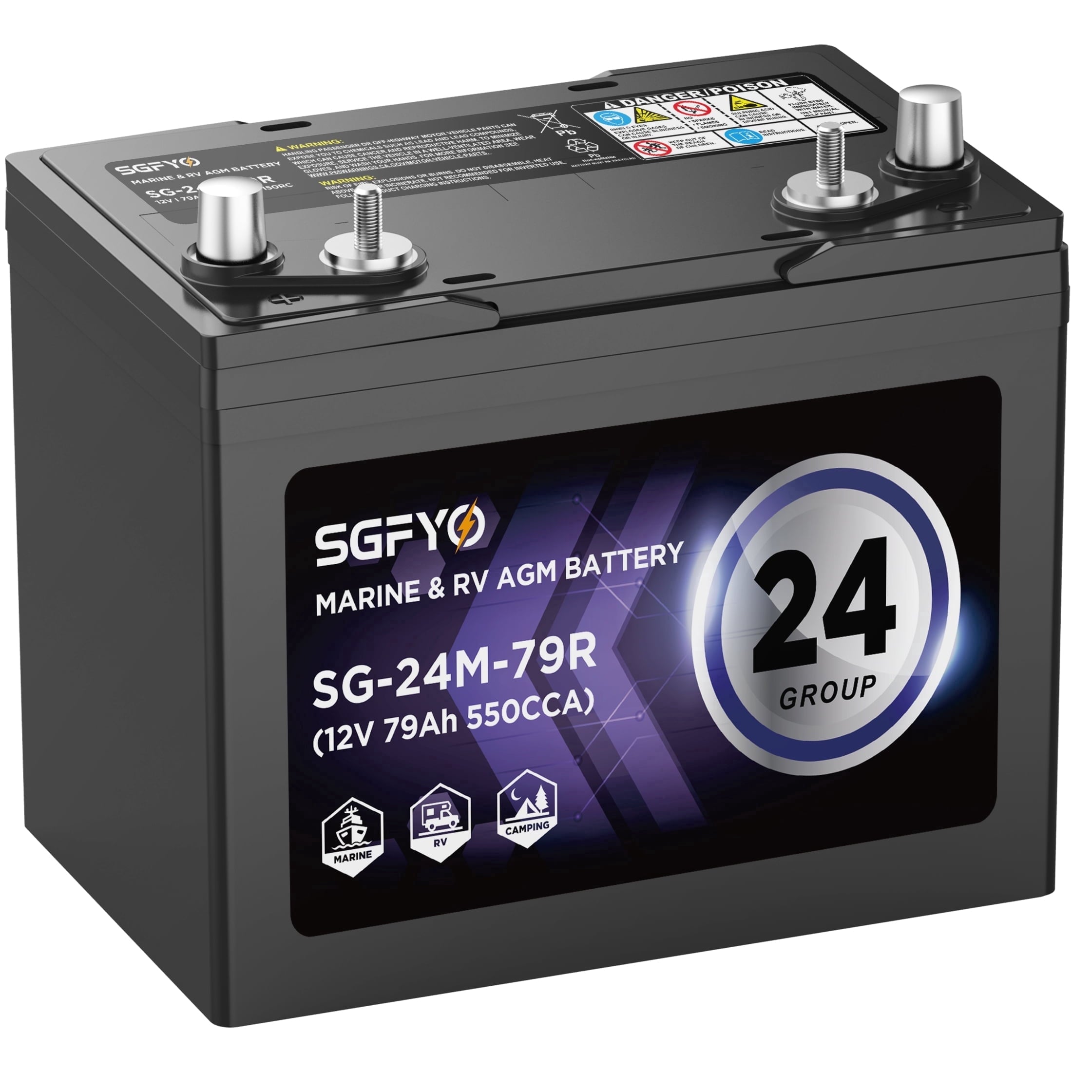 SGFYO Group Size 24M Dual Purpose Marine Battery,12V 79Ah 550CCA 150RC AGM Starter and Deep Cycle RV & Boat Batteries