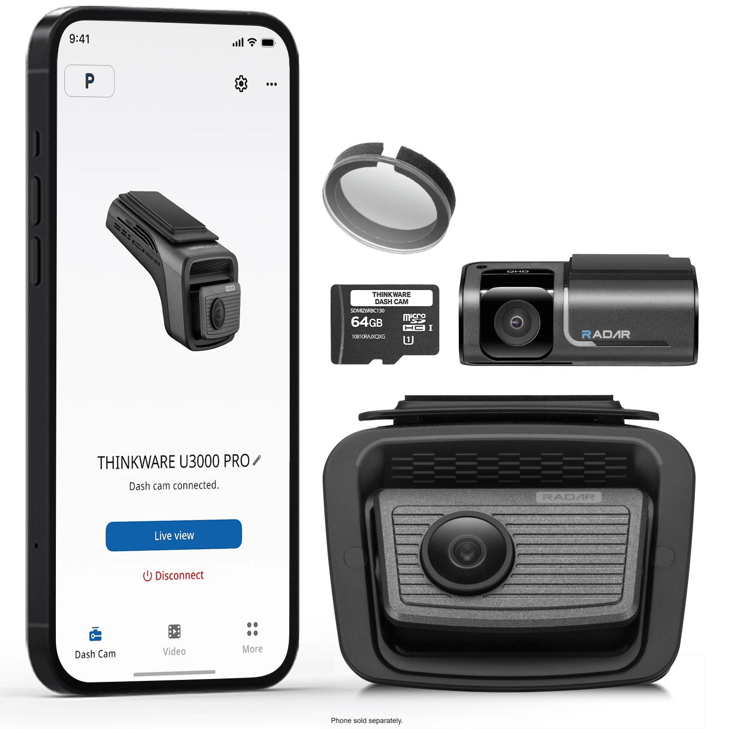 Thinkware 4K Dual Dash Cam, U3000 PRO Front & Rear with Sony STARVIS 2, Radar Parking, Super Night Vision 4.0, Wi‑Fi, GPS, 64GB MicroSD