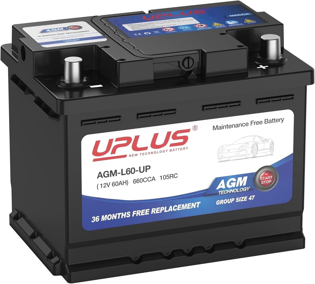 UPLUS Group Size 47 AGM Car Battery,H5 L2 12V 60Ah 660CCA 100RC Maintenance Free Start and Stop Automotive Replacement Battery