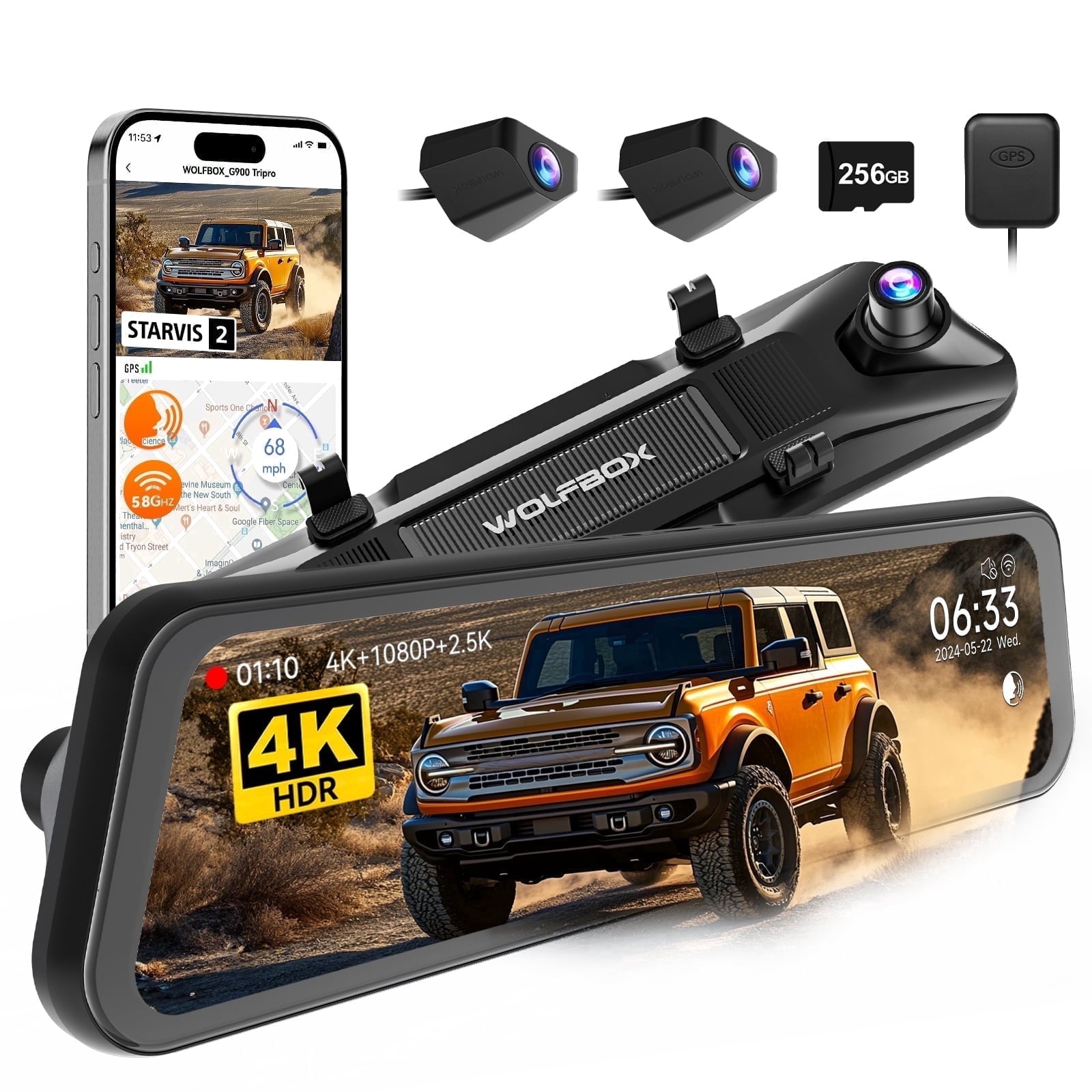 WOLFBOX G900TriPro Bumper Version 4K STARVIS 2 Mirror Dash Cam
