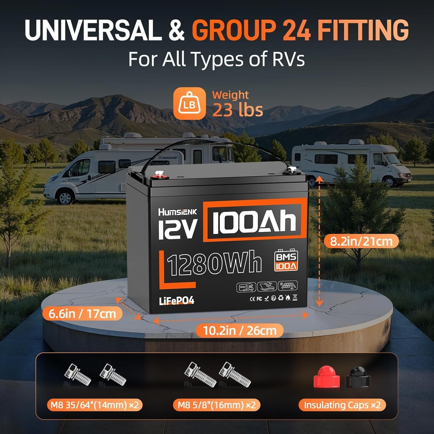 HumsiENK 12V 100Ah LiFePO4 Battery Group 24 Lithium Battery 100A BMS with Low Temp Cutoff, 15000+ Deep Cycles for RV Solar Marine Trolling Moto Off-Grid, Lithium Iron Phosphate Batteries