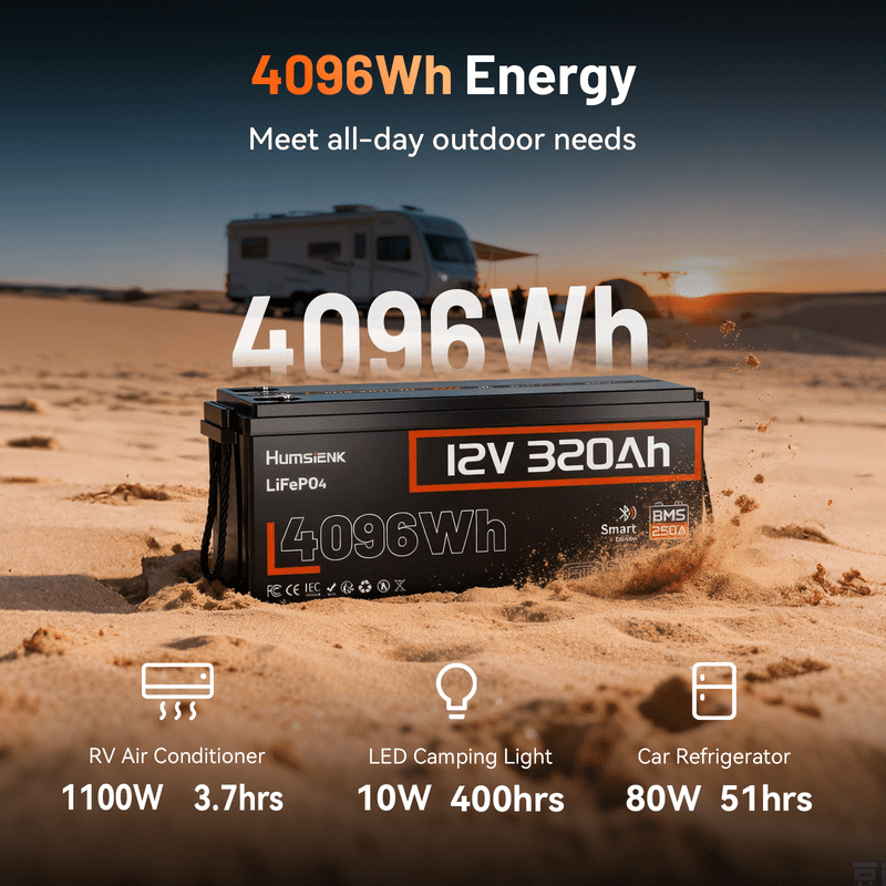 HumsiENK Bluetooth 12V 320Ah Lithium Battery, 300Ah(320Ah) LiFePO4 Battery for RV, Solar Power Storage, Off-Grid, 250A BMS, 4096Wh, 15000+Cycles LiFePO4 Lithium Battery, IP65 & Low Temp Protection