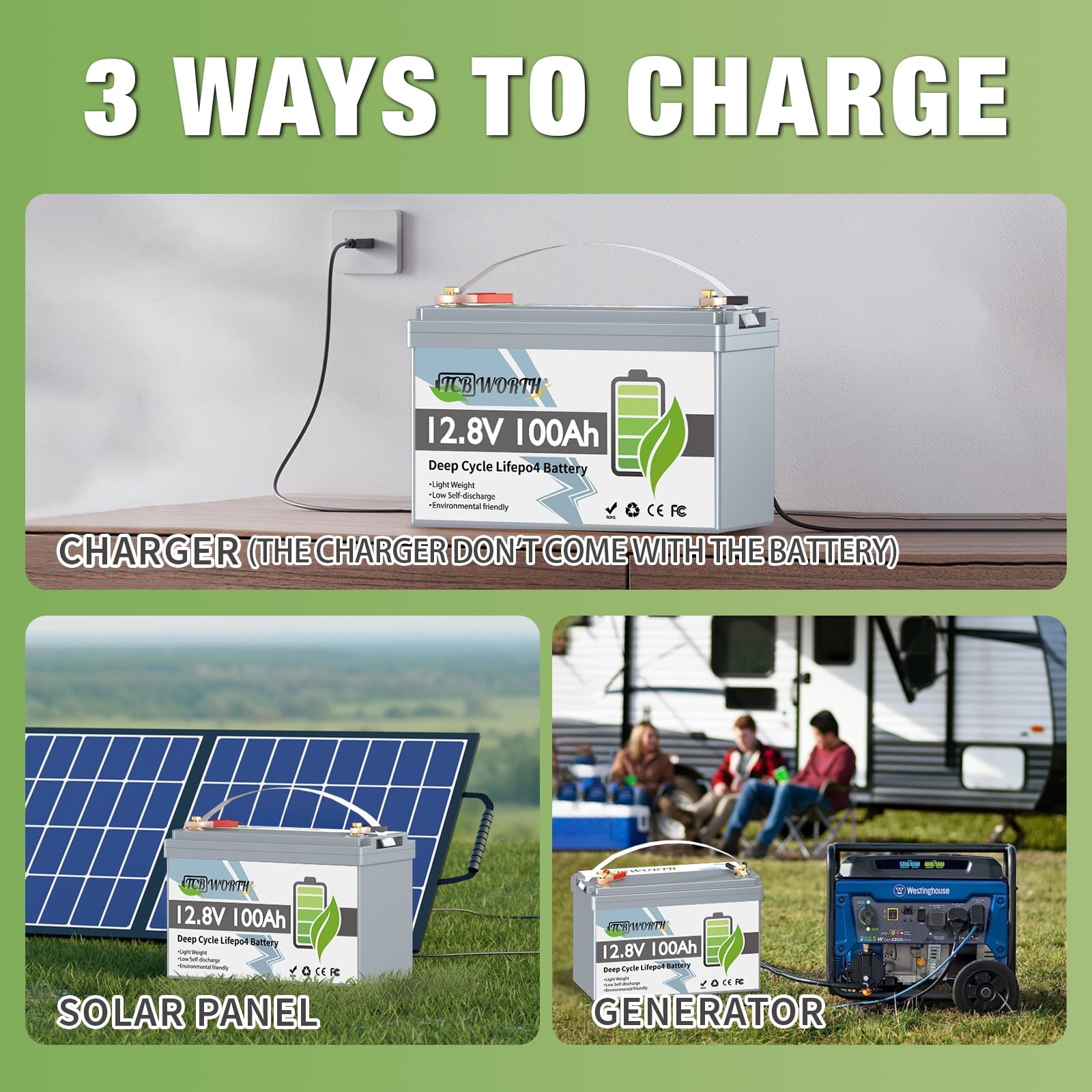 12V 100Ah LiFePO4 Lithium Battery,100A BMS,TCBWORTH Group 31 Battery for RV,Solar,Marine,Camping,Trolling Motor,off-Grid,Backup Power,Motorhome,15000+Deep Cycles
