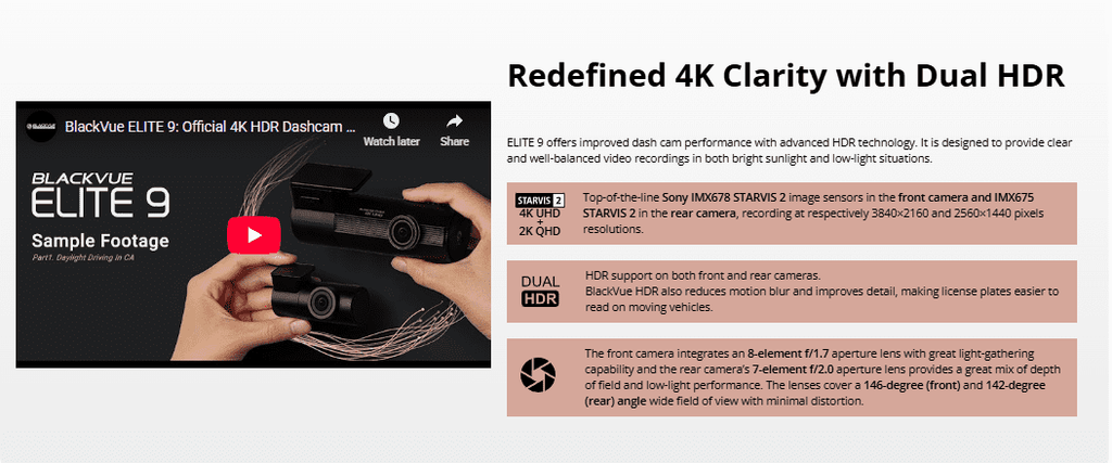 Blackvue Elite 9-2CH 4K + 2K Dashcam (2CH) Ultra-Low Power Parking Mode (64GB)