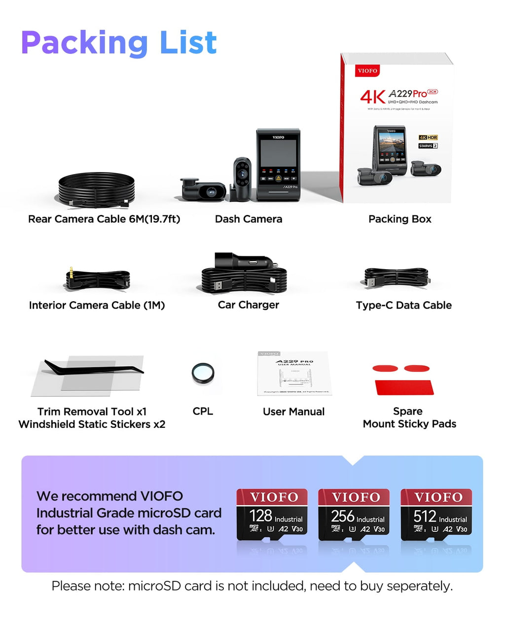 VIOFO A229 Pro 4K HDR Dash Cam, Dual STARVIS 2 IMX678 IMX675, 4K+2K Front and Rear Car Camera, 2 Channel with HDR, Voice Control, 5GHz WiFi GPS, Night Vision 2.0, 24H Parking Mode, Support 512GB Max