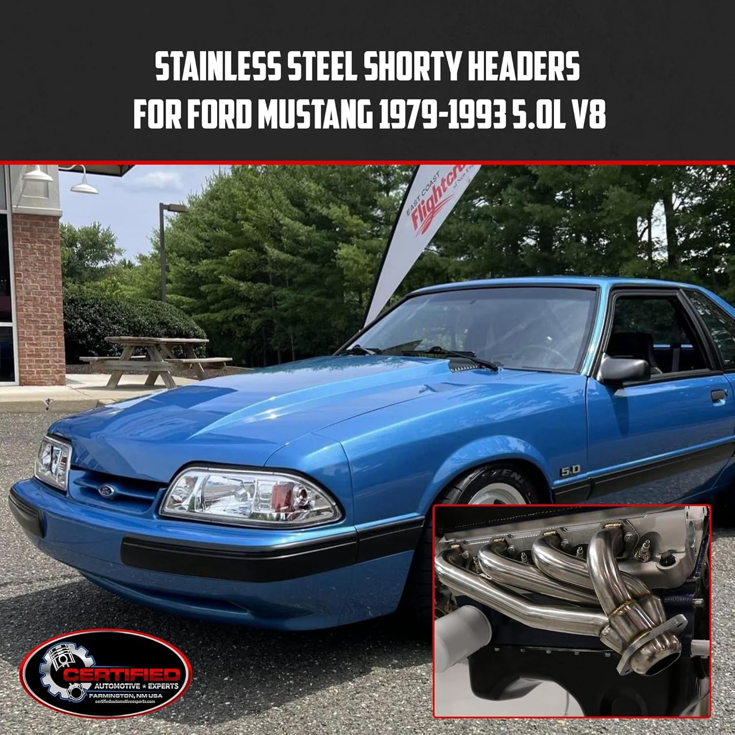 Polished 304 Stainless Steel Shorty Headers for 1979 1993 Ford Mustang 5.0L V8 Fox Body GT LX Upgraded Copper Gaskets Direct Bolt On Exhaust Manifold (Shorty Headers)