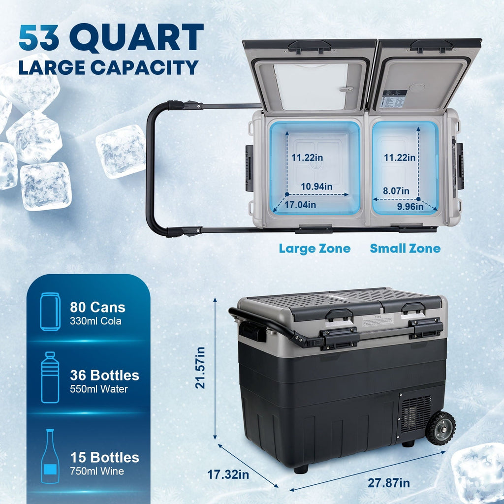 Kohree 53QT (50L) Portable Car Refrigerator Freezer 12V/24V DC Dual Zone Electric Cooler -7°F-50°F with Wheels & Handle for RV, Truck, Boat, Camping, Outdoor