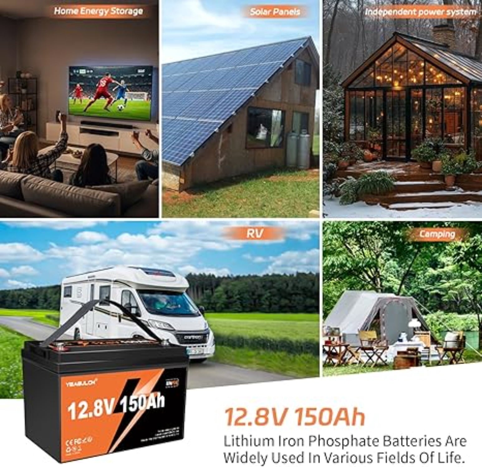 12V 150Ah LiFePO4 Lithium Battery Built-in 100A BMS 1920Wh 15000+ Deep Cycle Rechargable Low Temp Cut Off Battery for Camping, Solar, RV, Marine, Off-Grid Applications