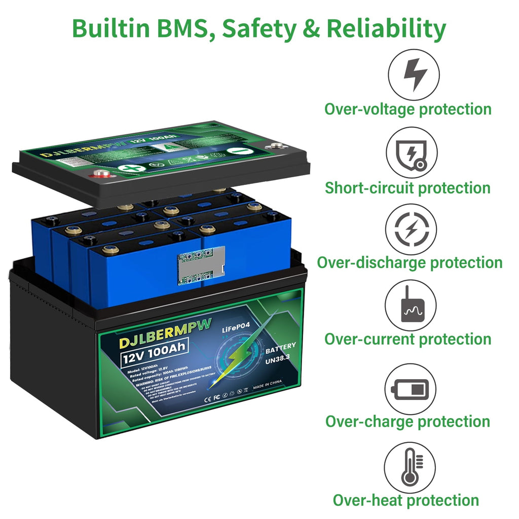 12V 100Ah LiFePO4 Lithium Battery Group 31, DJLBERMPW 12.8V Deep Cycle Battery 100A Smart BMS for RV, Marine, Trolling Motor, Solar System