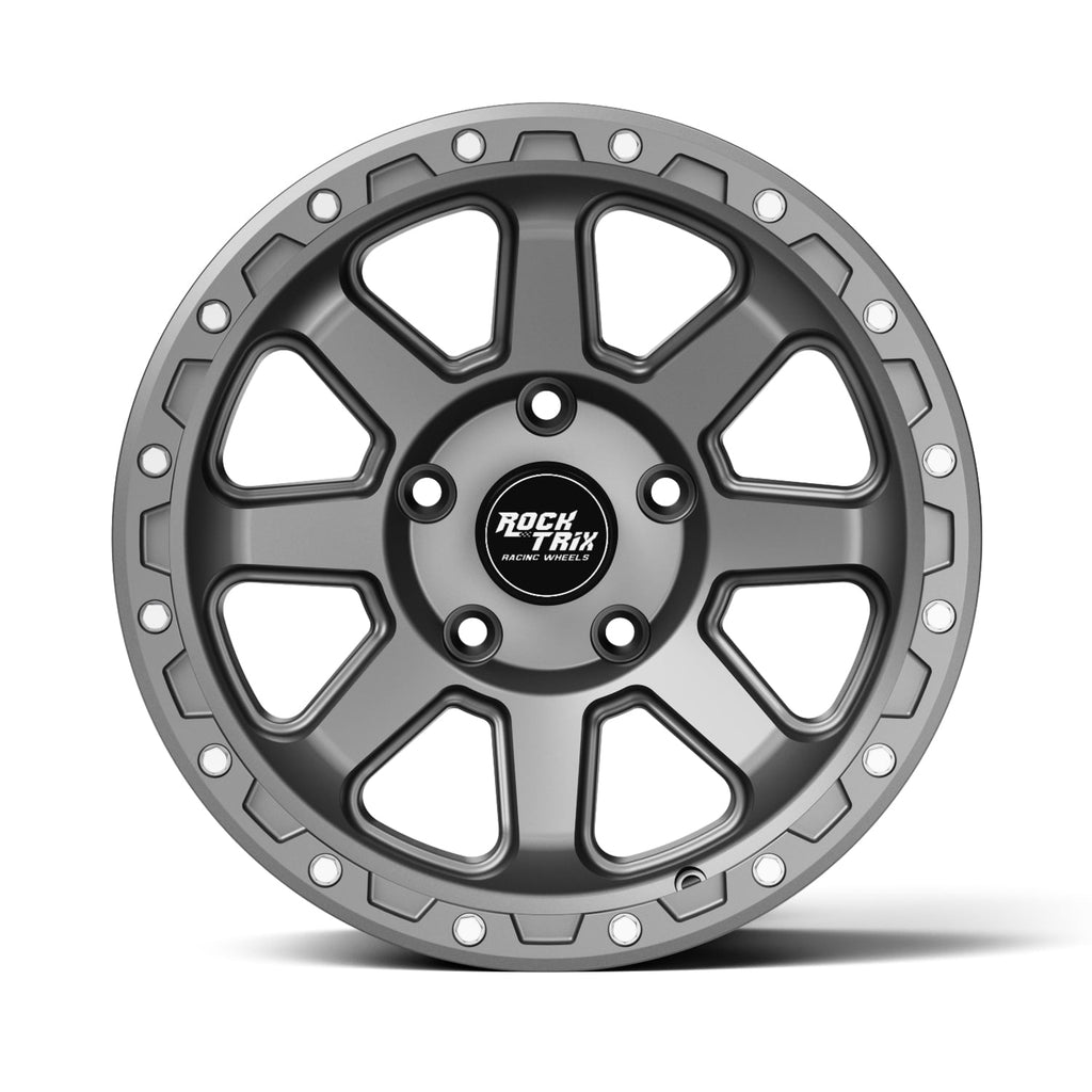 RockTrix RT116 17 inch Wheel Compatible with Jeep Wrangler JK JL 17x9 5x5 Wheels (-12mm Offset, 4.5in Backspace) 5x5 PCD, 71.5mm Bore, Gunmetal Gray Wheels, Also fits Gladiator JT Rims