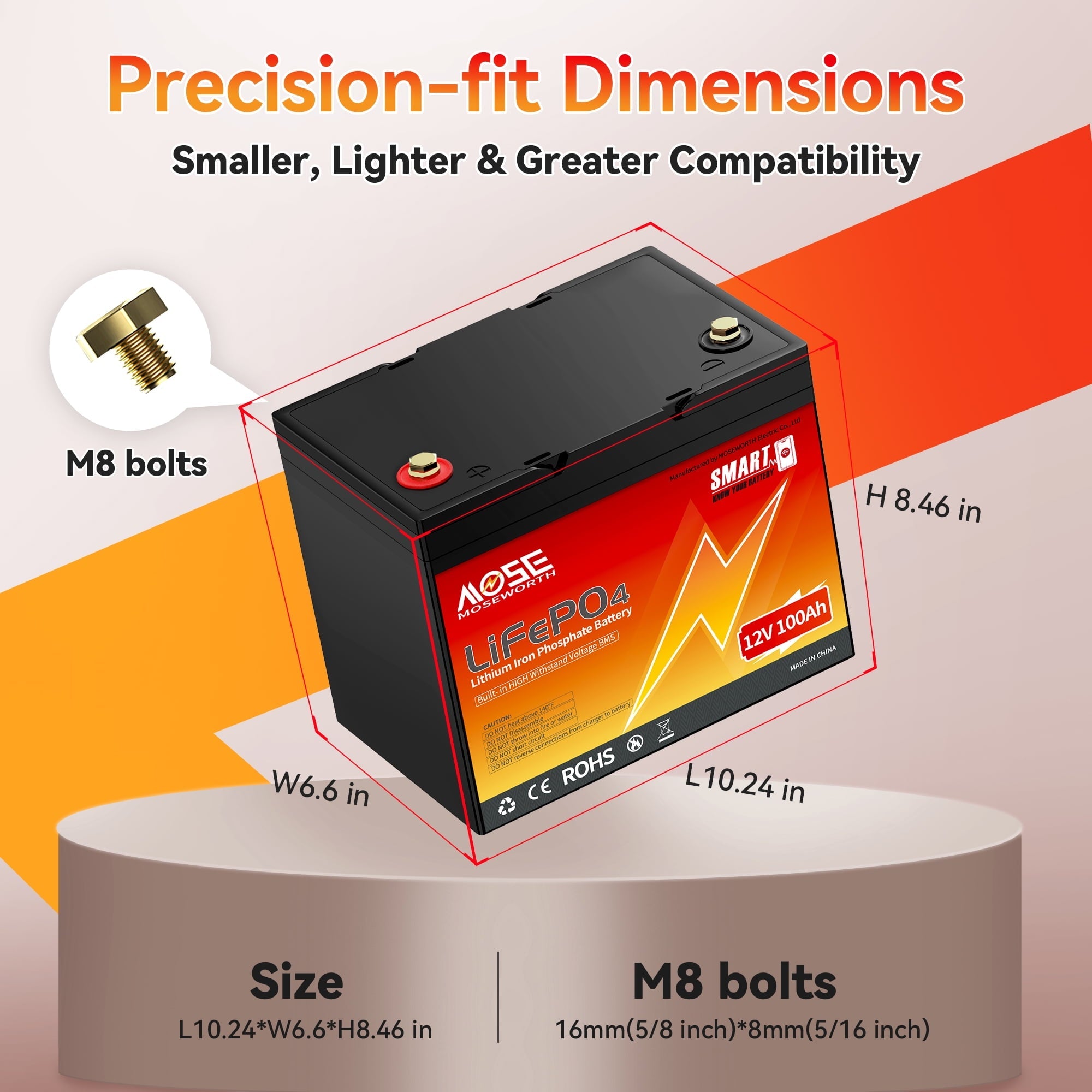 12V 100Ah Group 24 LiFePO4 Battery Bluetooth,MOSEWORTH for RV,Solar,Trolling Motors,Boat,Home Energy Storage,Buit in 100A BMS,15000+Deep Cycles Mini Lithium Battery