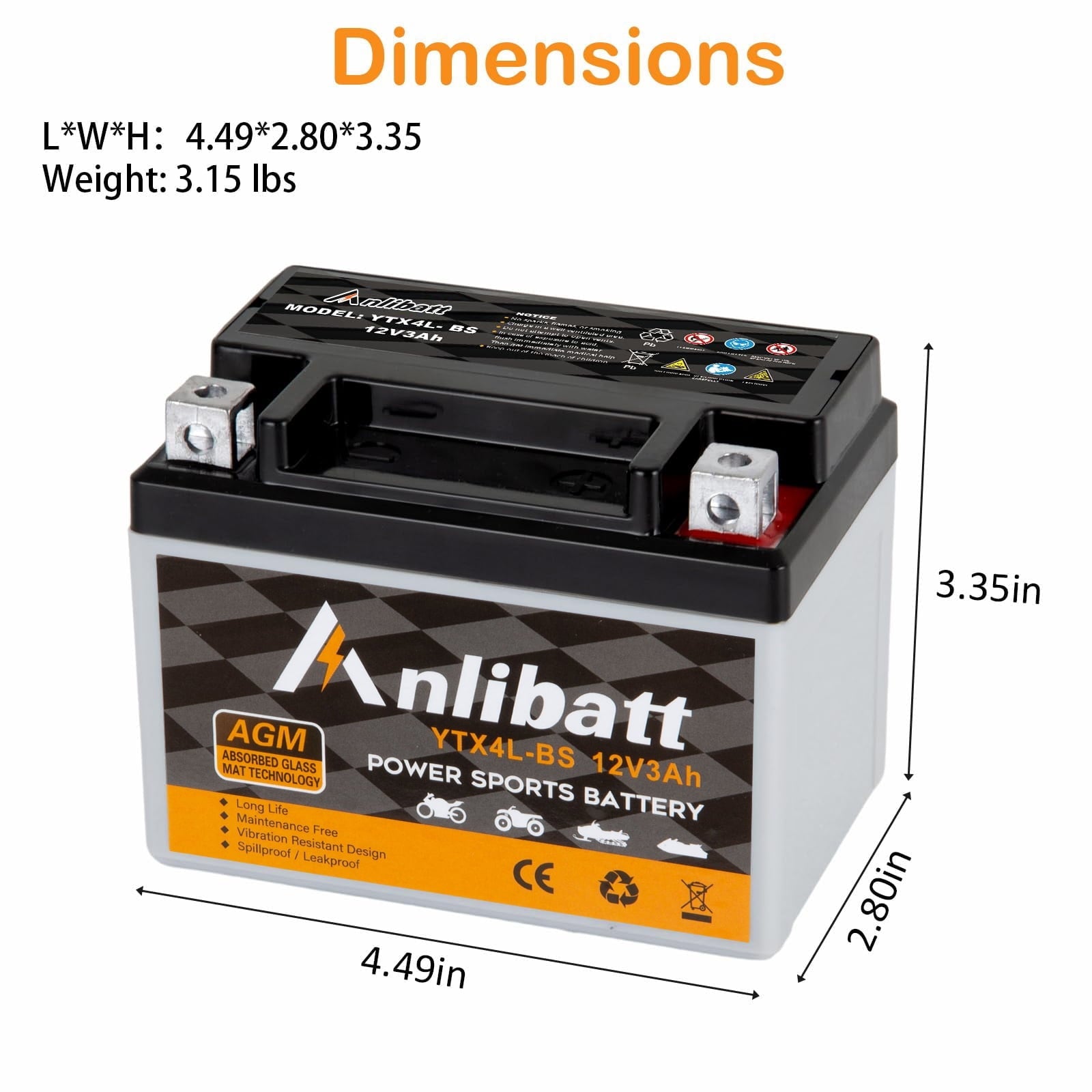 Anlibatt YTX14-BS Motorcycle Battery 12V 12Ah 200CCA Rechargeable Sealed Batteries Powersport Replacement for ATV, Scooter, Jet ski, Dirt Bike