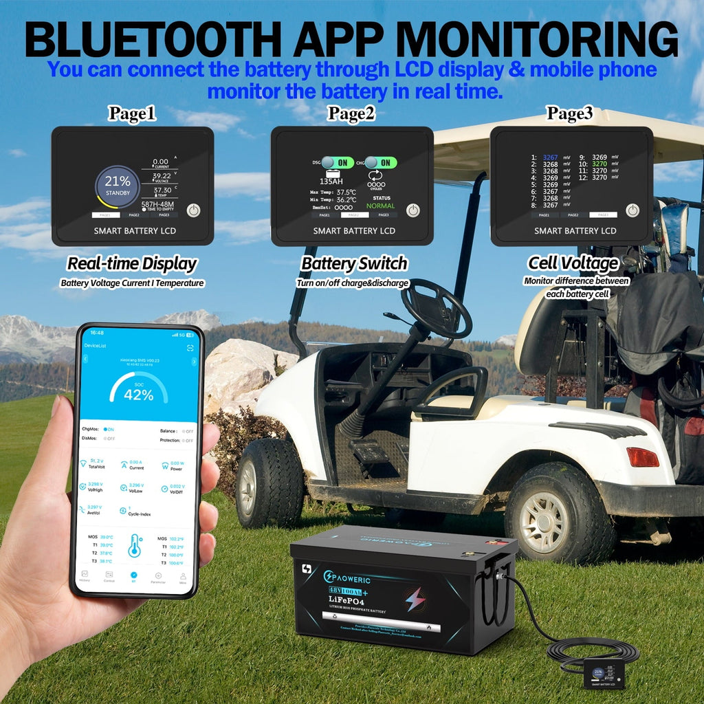 Paoweric 48V 100Ah LiFePO4 Lithium Golf Cart Battery with Charger, Perfect for Golf Cart, Trolling Motor