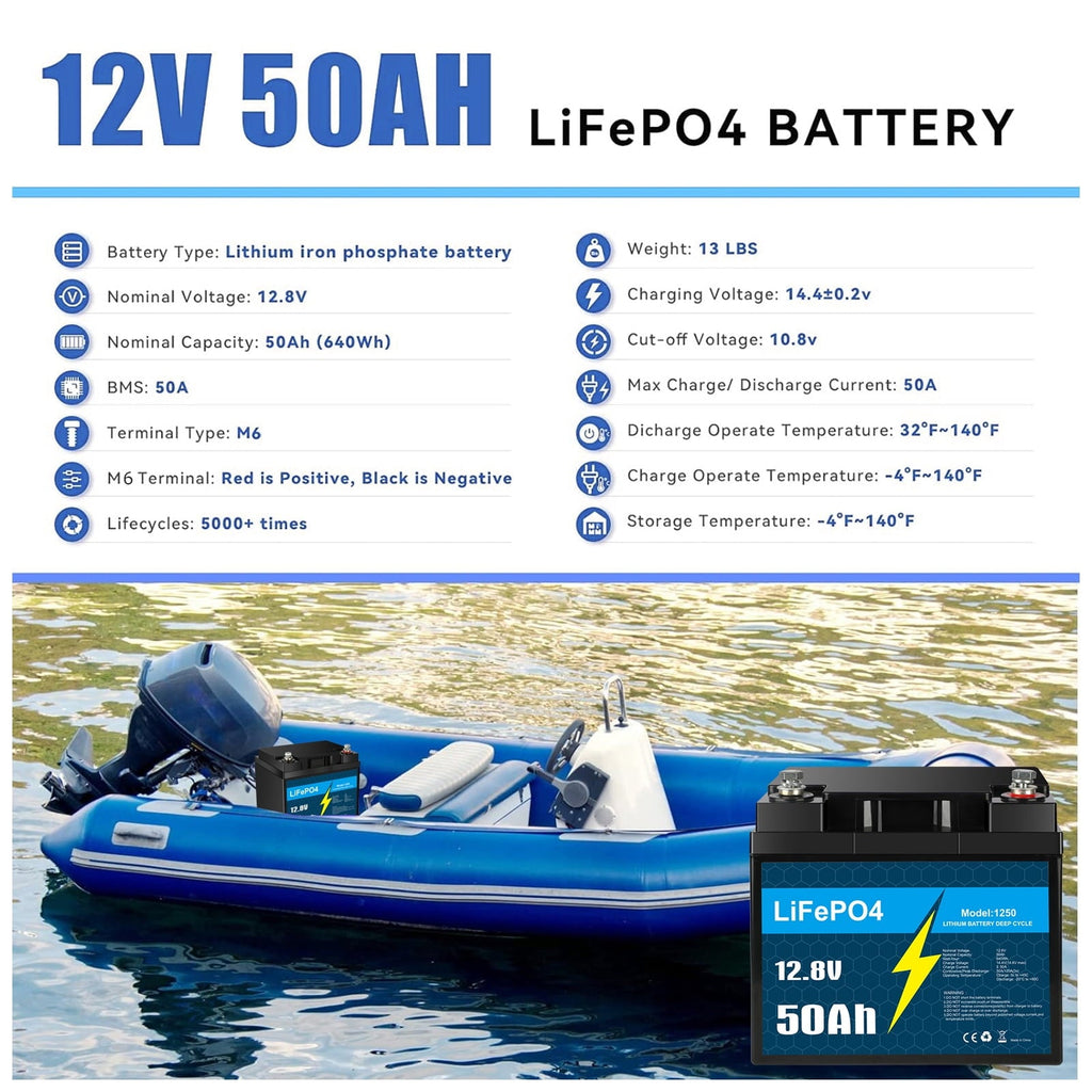 12V 50Ah LiFePO4 Lithium Battery with Smart BMS for RV, Solar, Trolling Motor
