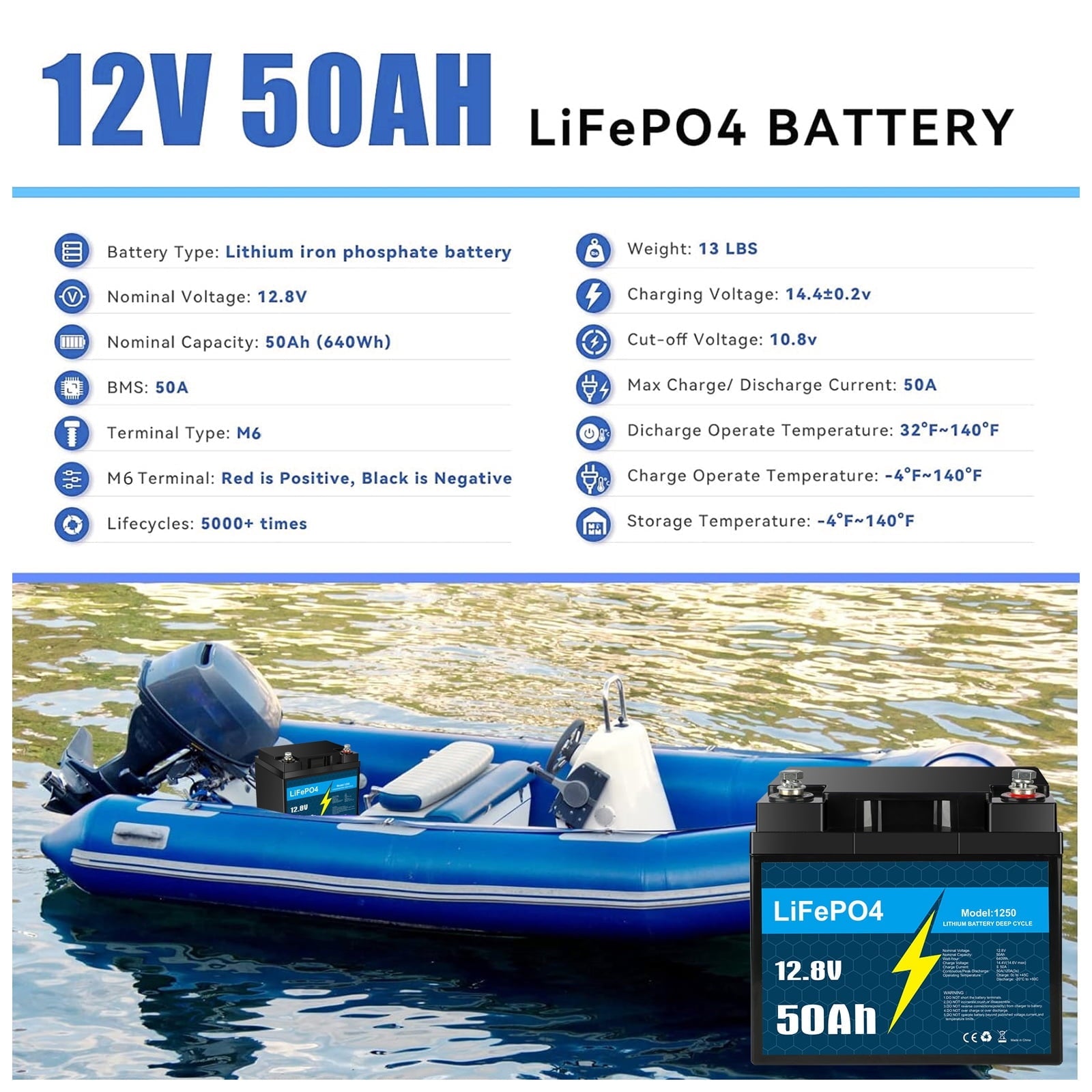 12V 50Ah LiFePO4 Lithium Battery with Smart BMS for RV, Solar, Trolling Motor