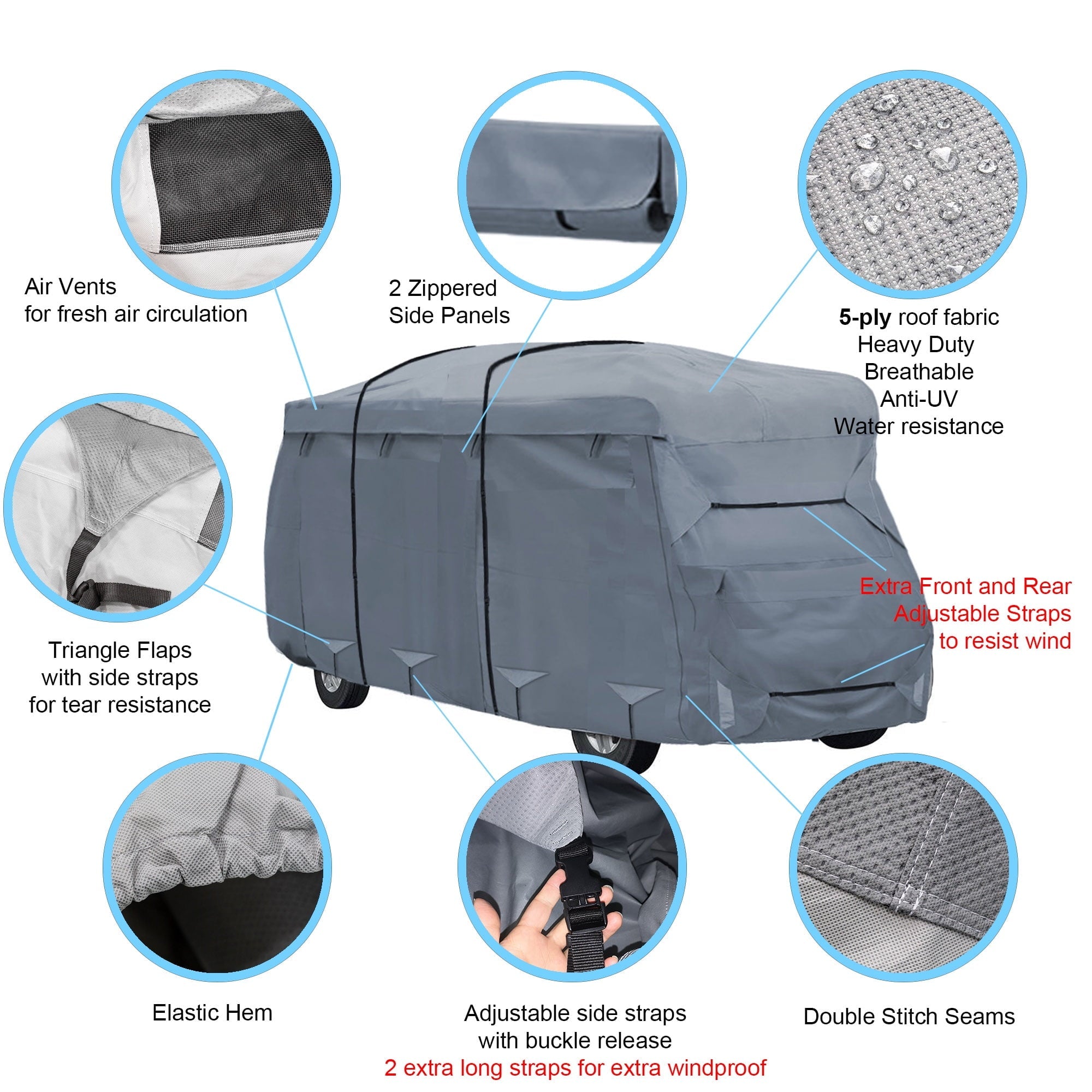 GEARFLAG Class C RV Camper Cover Fits 20'-23', Gray, Multi-Layers Top Fabric, Adjustable Covers, Reinforced Windproof RV Cover Motorhome 292L x 105W x 110H in, 1 Piece