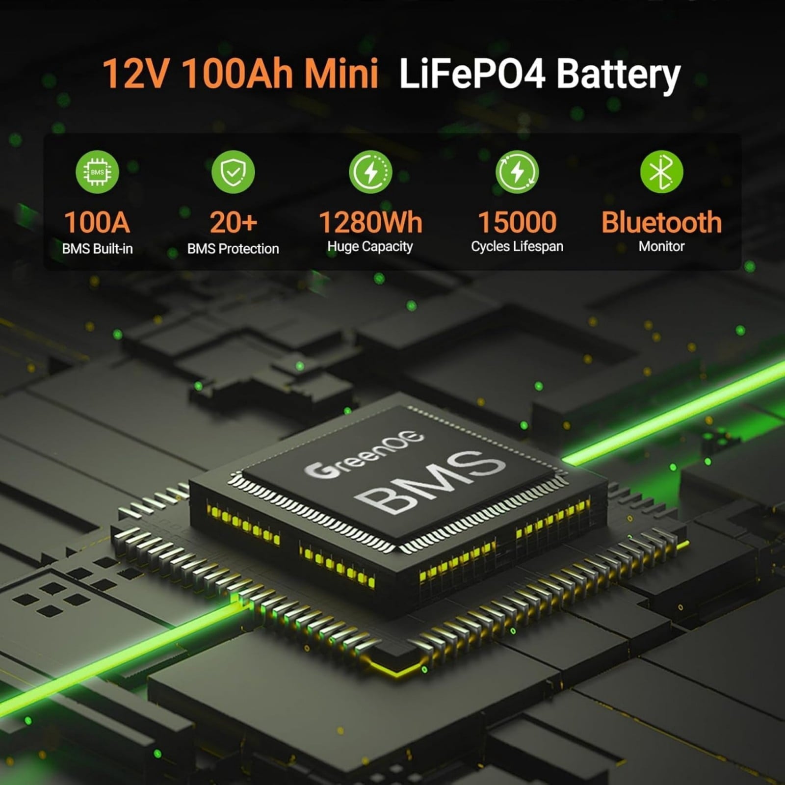 ‎GreenOE 12V 100Ah LiFePO4 Battery Group 31 with Built-in 100A BMS, 15000 Deep Cycles Rechargeable Lithium Battery Prefect for Solar System, Rvs, Marine, Vans, Trailer,Trolling Motor, Backup, 1 Pack