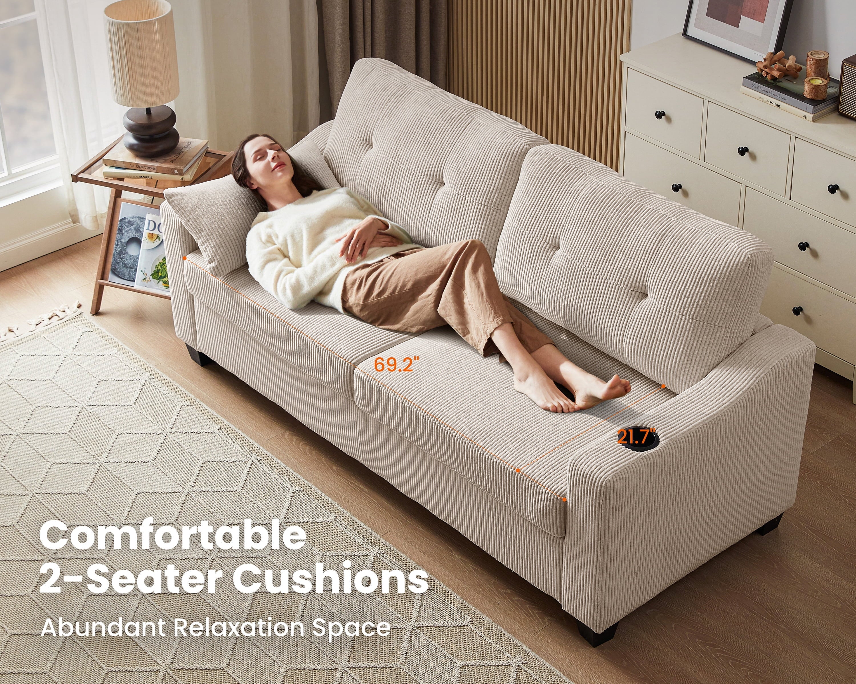 CHIC HOUSE Pull Out Sofa Bed Couch Queen Size with Mattress USB, Convertible Sleeper Sofa Loveseat for Small Spaces RV, Corduroy Pull Out Couch Bed for Living Room with Cup Holders LED Lights, Beige