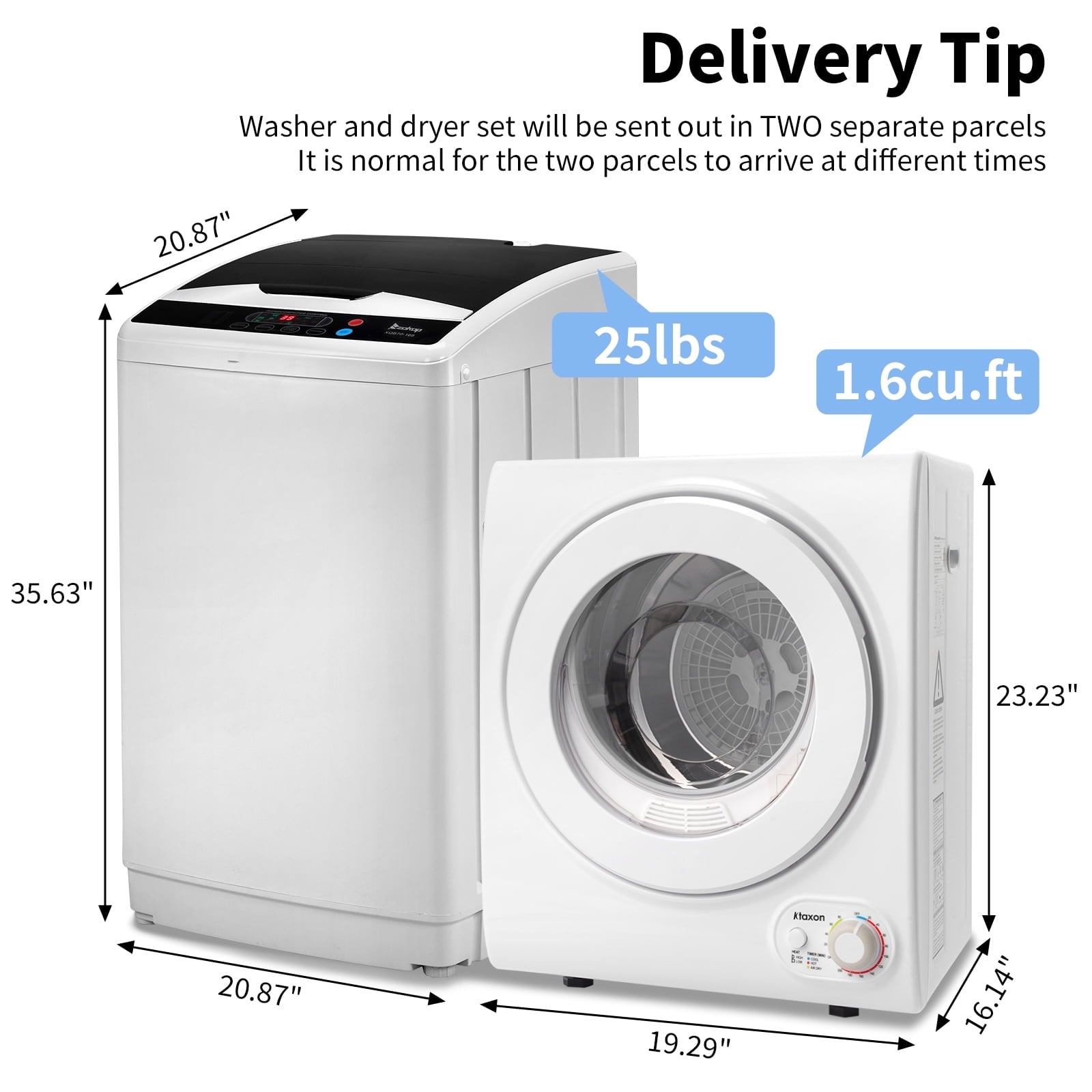 Ktaxon 17.8LBS Full Automatic Washing Machine and 3.5CuFt Portable Clothes Dryer Set, Compact Laundry Washer and Dryer Combo Set with Stainless Steel Inner Tub, for Apartment, Dorms, Home